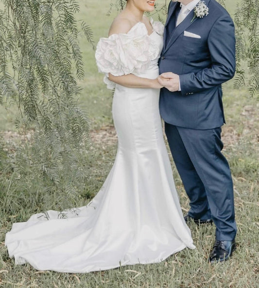 Off the Shoulder Satin Mermaid Wedding Bridal Dress with 3D Flowers, Custom Cream Simple Modest Minimalist Cocktail/Reception Dress