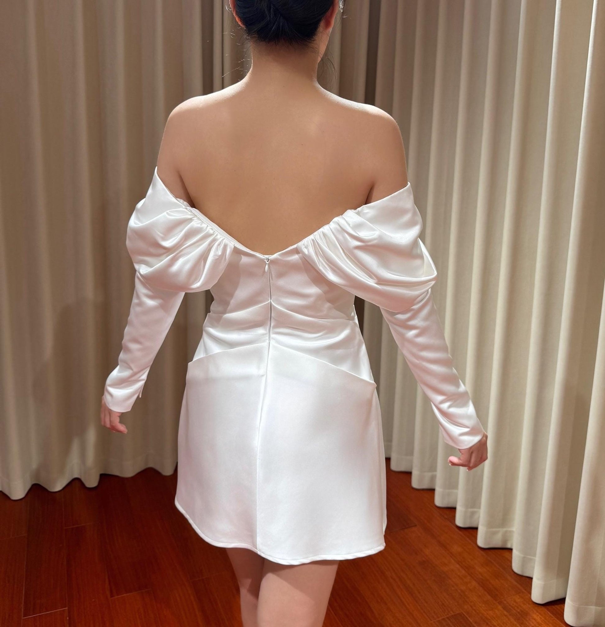 Eleanor | Minimalist off shoulder long sleeve satin short wedding rece Shindig Threads Eleanor | Minimalist off shoulder long sleeve satin short wedding rece Shindig Threads