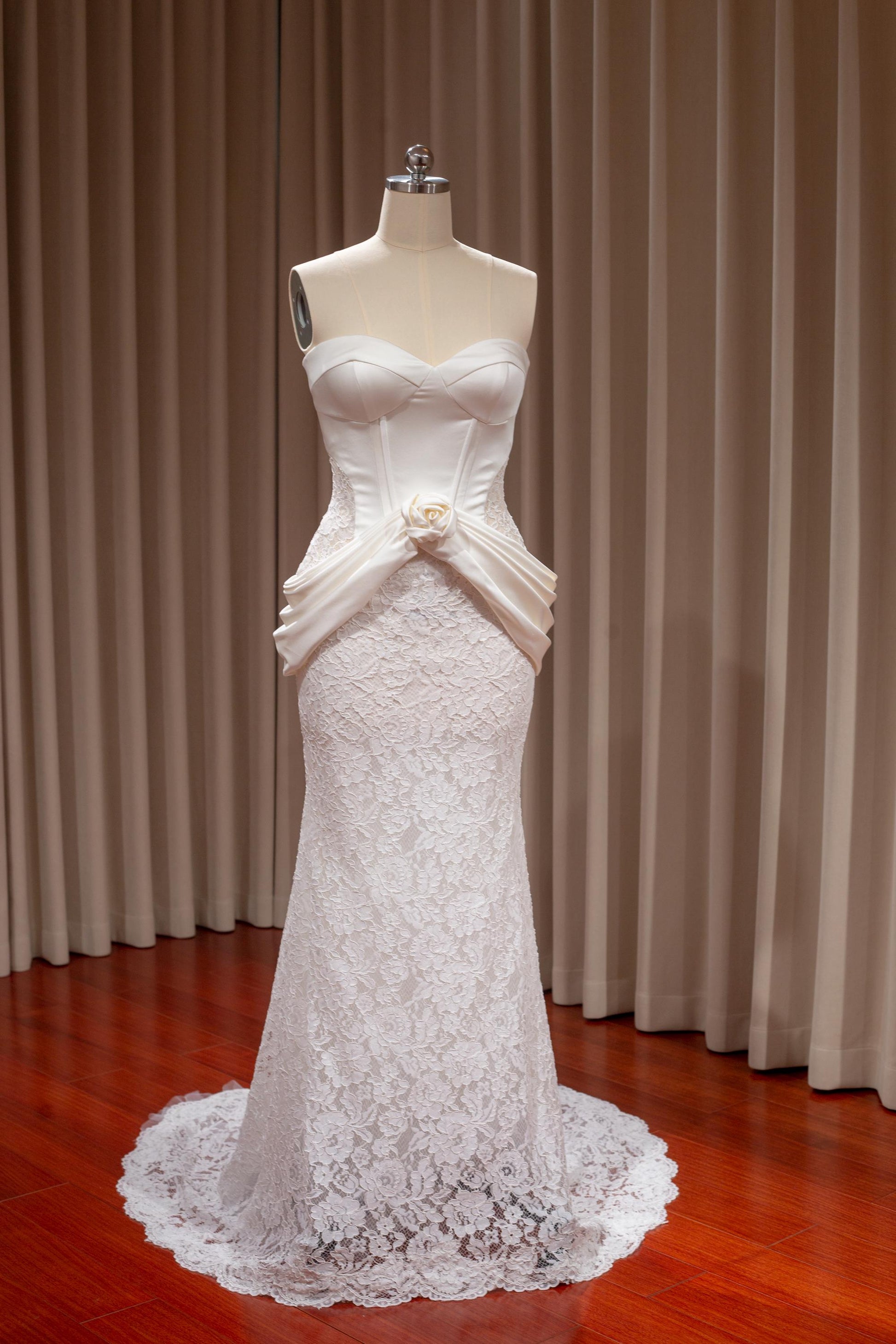 Drop Waist Satin Lace Mermaid Wedding Dress w 3D Flowers, Custom Flora Shindig Threads Drop Waist Satin Lace Mermaid Wedding Dress w 3D Flowers, Custom Flora Shindig Threads