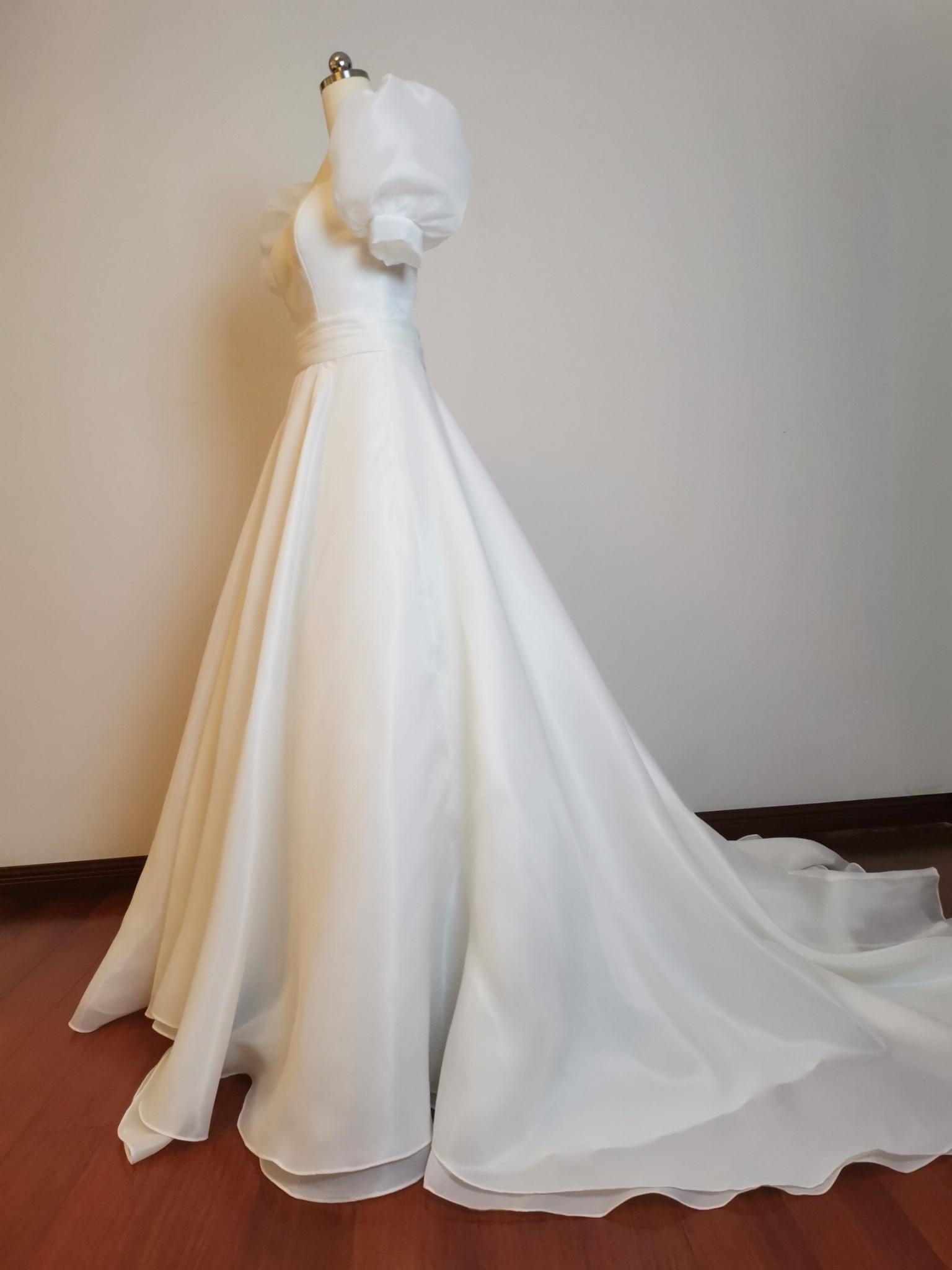silk puff sleeve wedding dress Antonella Satin Wedding Dress: Puff Sleeves, V-Neck, Floor Length