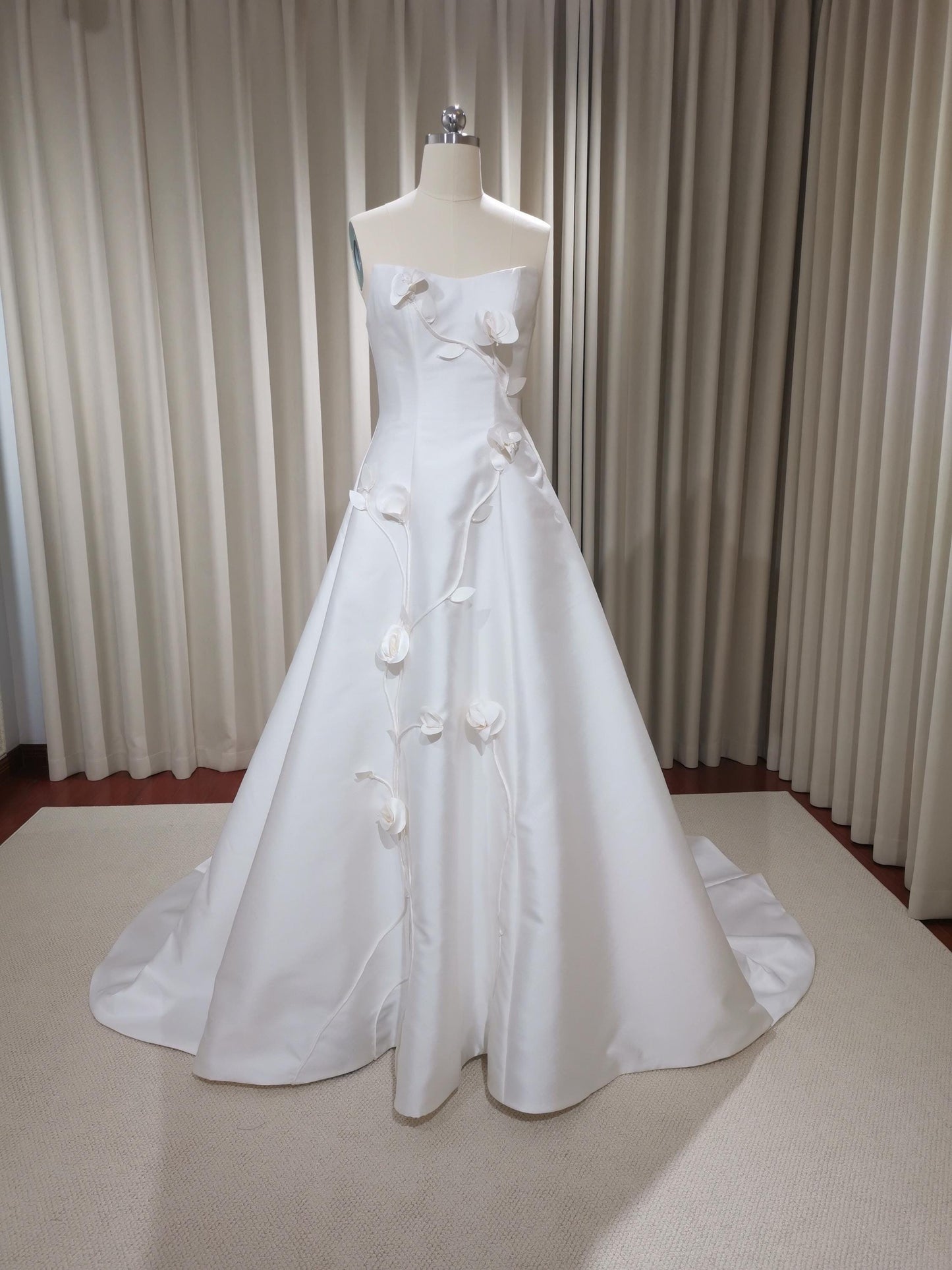 Unique 3D Flower Satin Wedding Bridal Dress, Custom Simple Modest Reception Elopement Dress for Bride, Courthouse Civil Wedding Gown