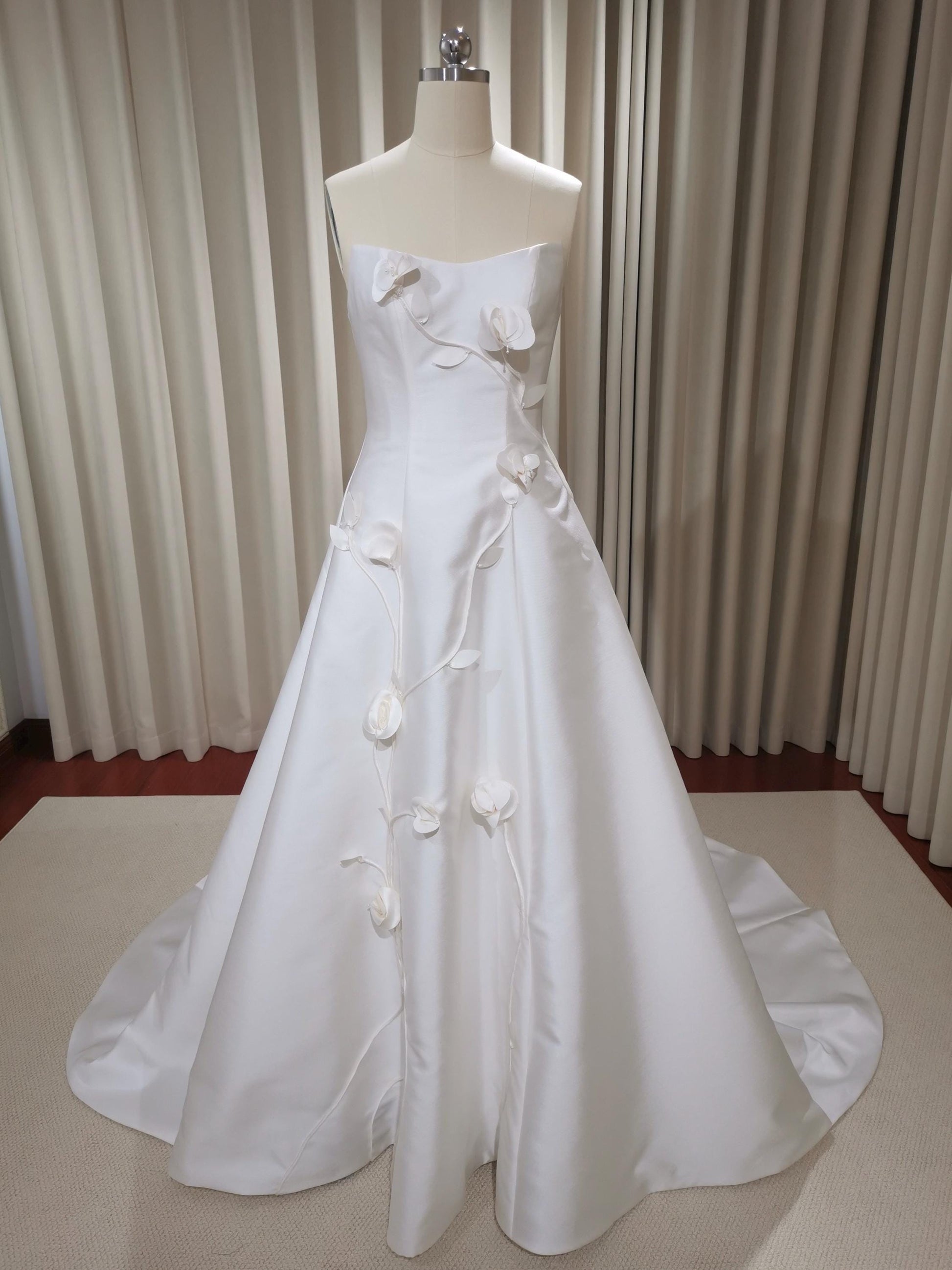 Unique 3D Flower Satin Wedding Bridal Dress, Custom Simple Modest Reception Elopement Dress for Bride, Courthouse Civil Wedding Gown