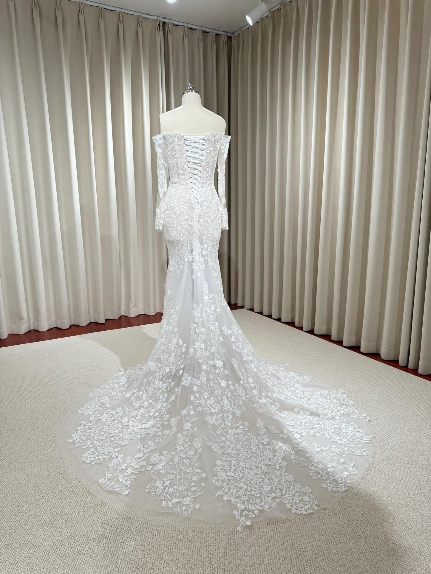 Off Shoulder Long Sleeve Lace Mermaid Wedding Dress w Detachable Train , Unique Custom Courthouse Civil Wedding Reception Elopement Dress