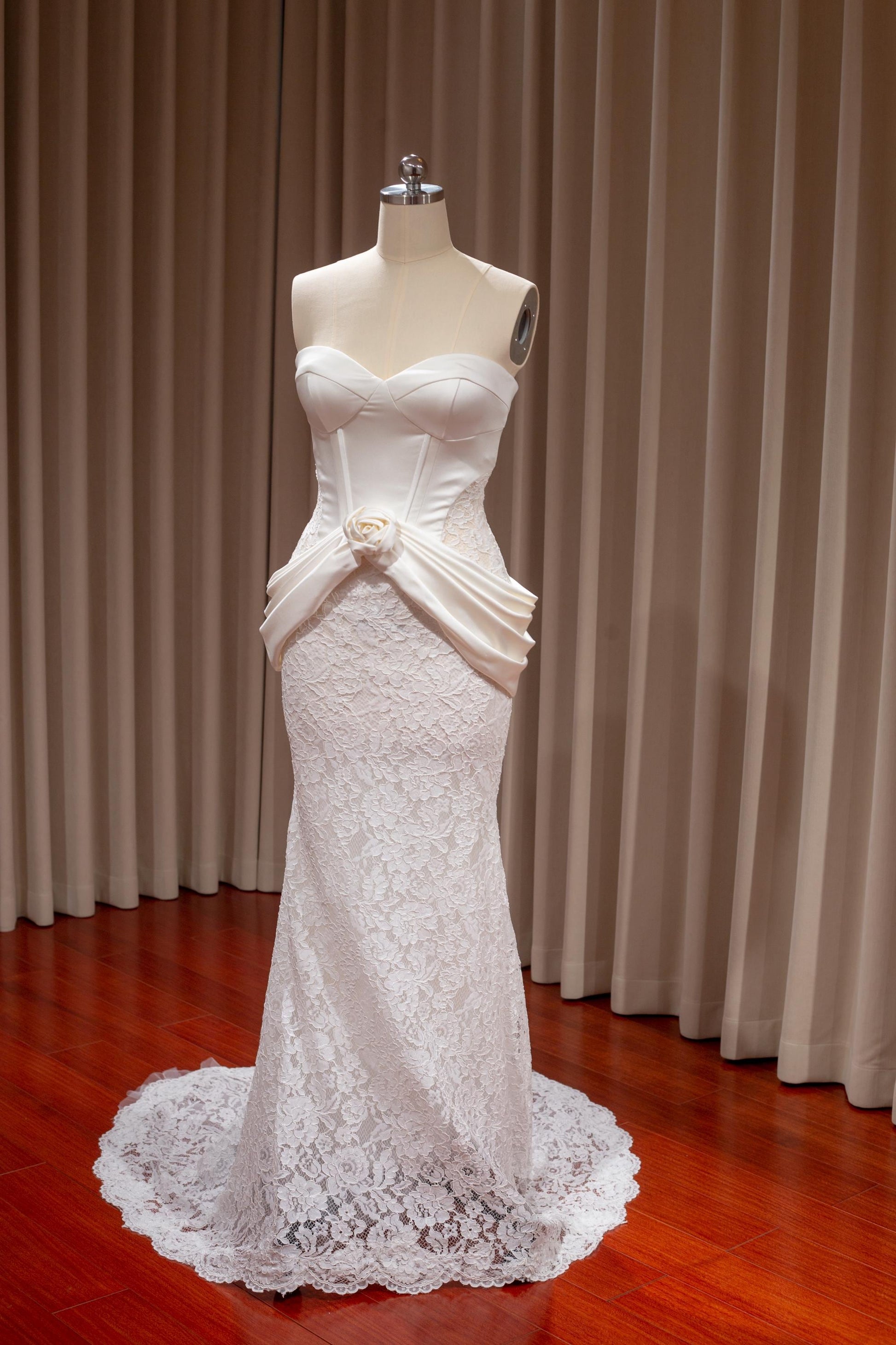 Drop Waist Satin Lace Mermaid Wedding Dress w 3D Flowers, Custom Flora Shindig Threads Drop Waist Satin Lace Mermaid Wedding Dress w 3D Flowers, Custom Flora Shindig Threads