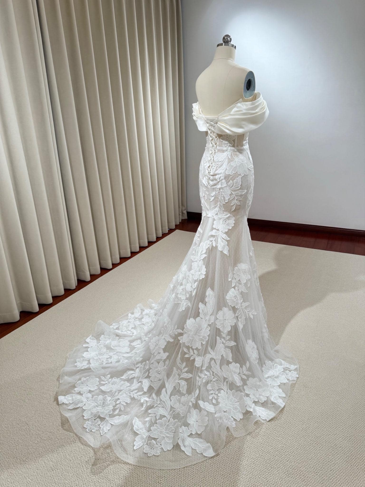 Fairy Long Sleeve Satin Lace Mermaid Wedding Dress w Detachable Train, Custom Unique Elegant Courthouse Civil Wedding Reception Dress