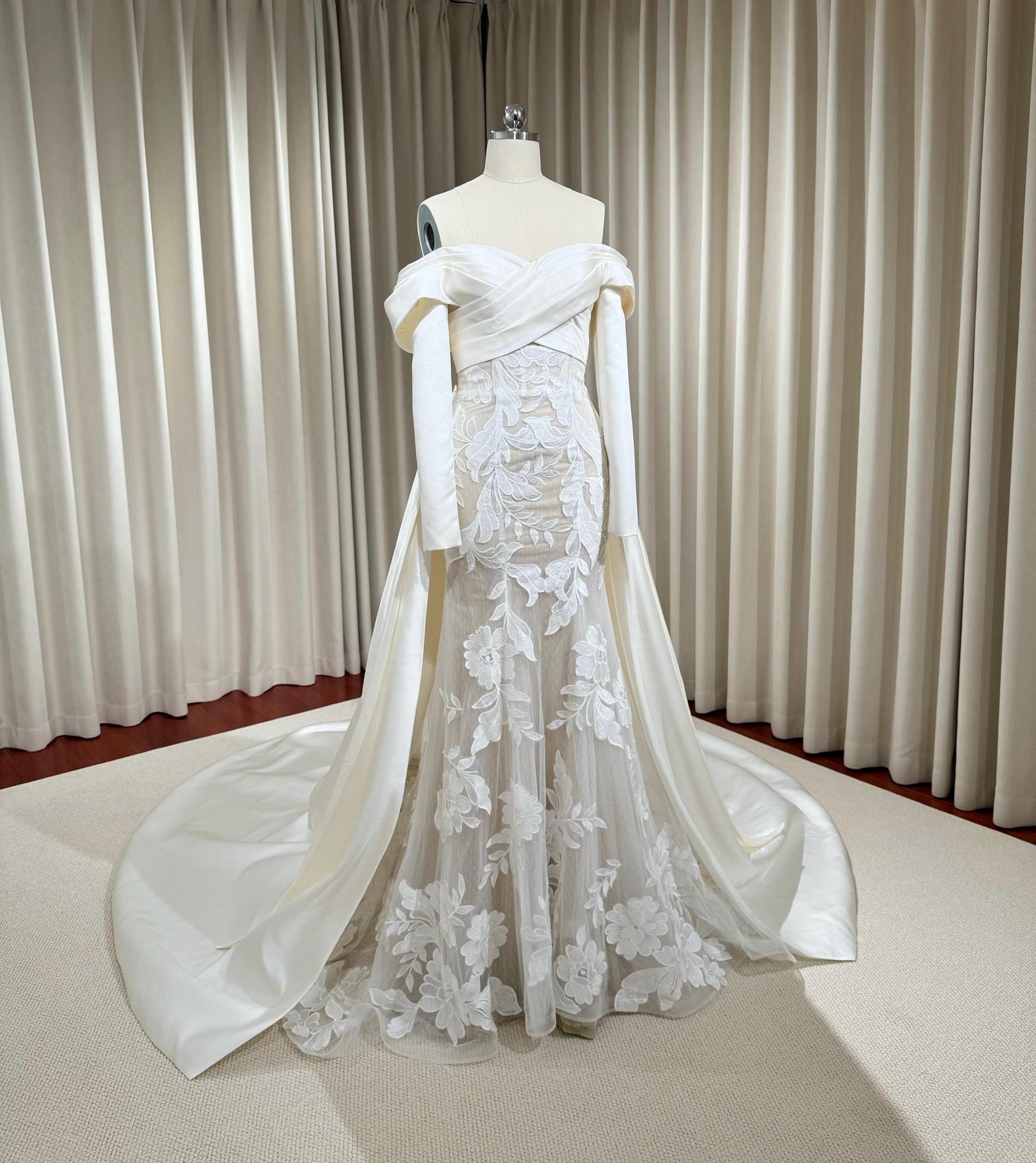 Fairy Long Sleeve Satin Lace Mermaid Wedding Dress w Detachable Train, Shindig Threads Fairy Long Sleeve Satin Lace Mermaid Wedding Dress w Detachable Train, Shindig Threads