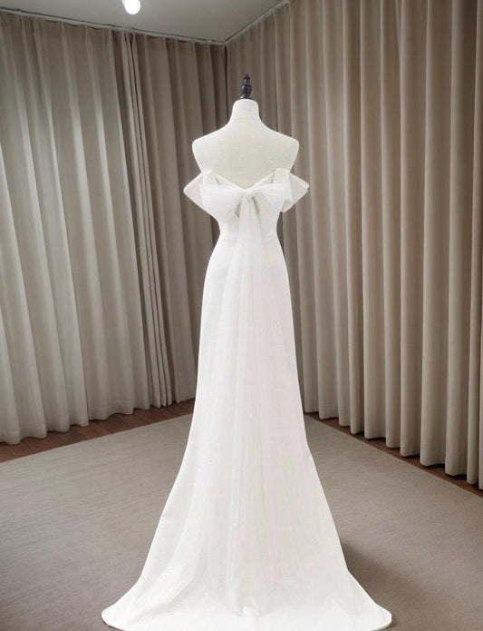 Minimalist White Satin Mermaid Wedding Bridal Dress with Unique Tulle back, Custom Simple Elegant Prom Party Gown Boho Princess Classic