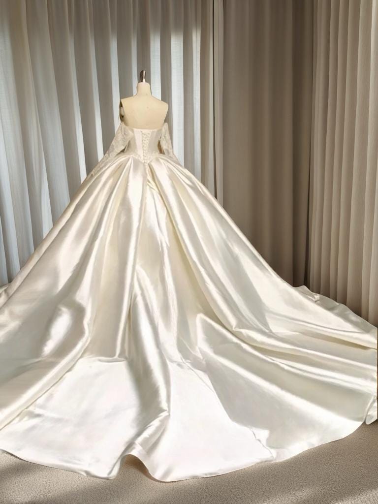 Long Sleeve Satin Corset Wedding Dress w Pearls, Classic Romantic Elegant Princess Ball Gown, Custom Modest Courthouse Civil Wedding Dress