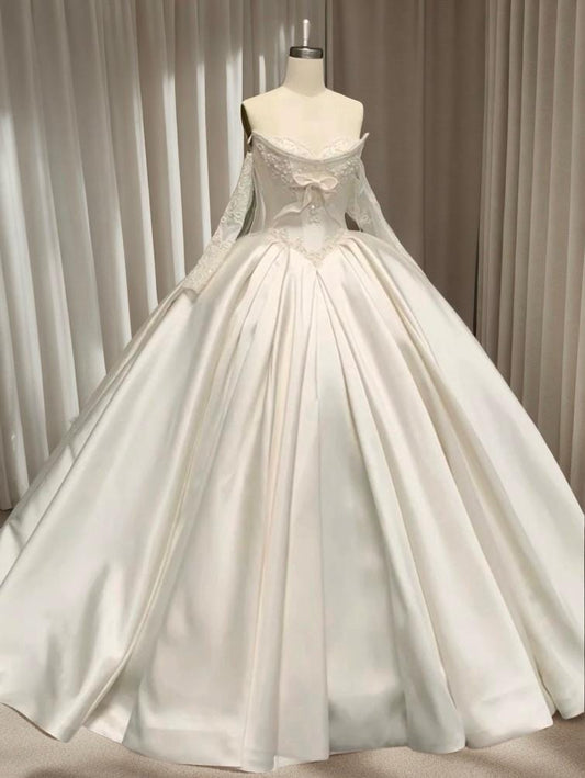 Long Sleeve Satin Corset Wedding Dress w Pearls, Classic Romantic Elegant Princess Ball Gown, Custom Modest Courthouse Civil Wedding Dress