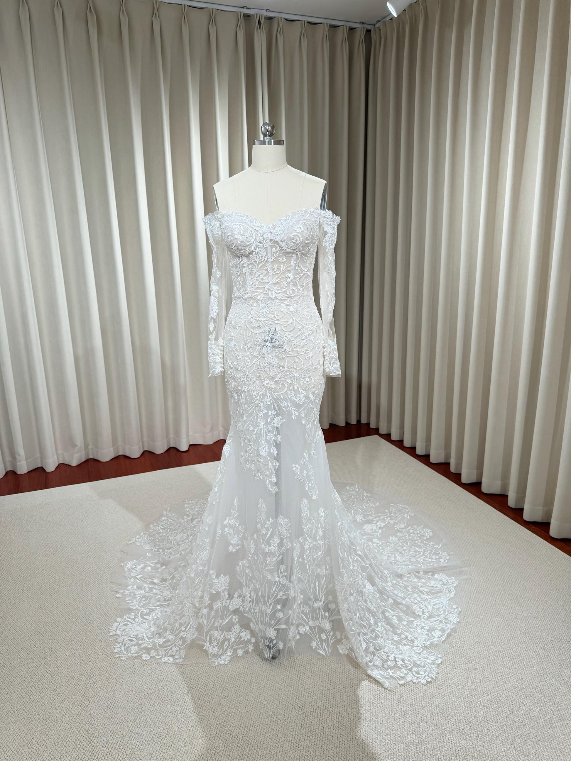 Off Shoulder Long Sleeve Lace Mermaid Wedding Dress w Detachable Train , Unique Custom Courthouse Civil Wedding Reception Elopement Dress