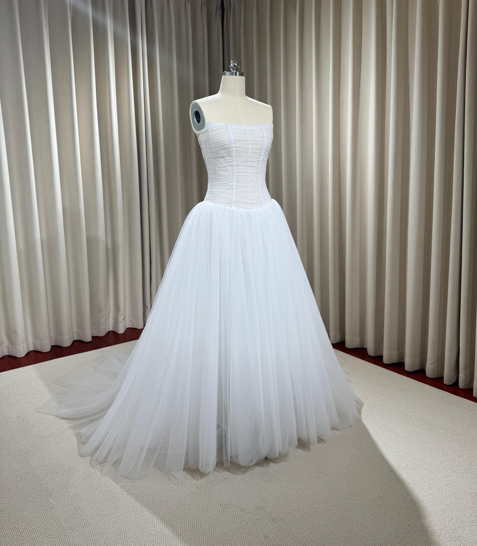 Minimalist Drop Waist Tulle Simple Wedding Dress, Custom Fairy Unique Courthouse Civil Reception Gown, Casual Elopement Rehearsal Dress