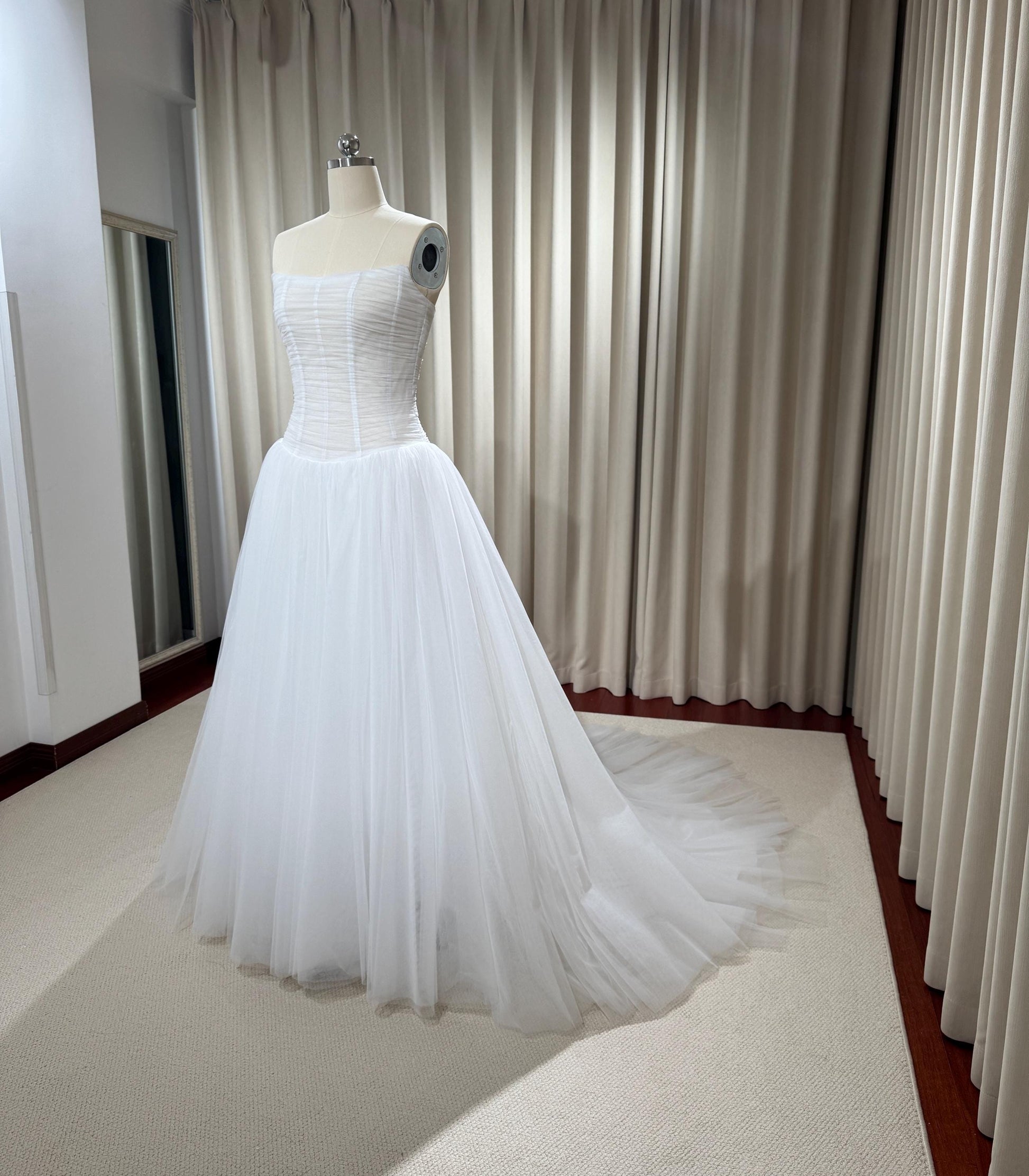 Minimalist Drop Waist Tulle Simple Wedding Dress, Custom Fairy Unique Courthouse Civil Reception Gown, Casual Elopement Rehearsal Dress
