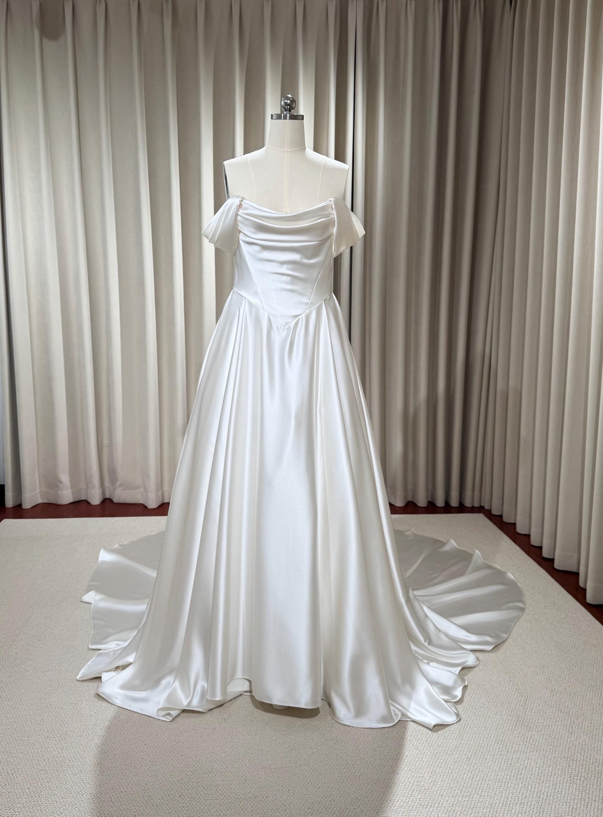 Minimalist Off Shoulder Satin Corset Basque Waist Wedding Dress, Custom Simple Elegant Bridal Gown Classic Style, Courthouse Civil Wedding - US 12 Minimalist Off Shoulder Satin Corset Basque Waist Wedding Dress, Custom Simple Elegant Bridal Gown Classic Style, Courthouse Civil Wedding - US 12