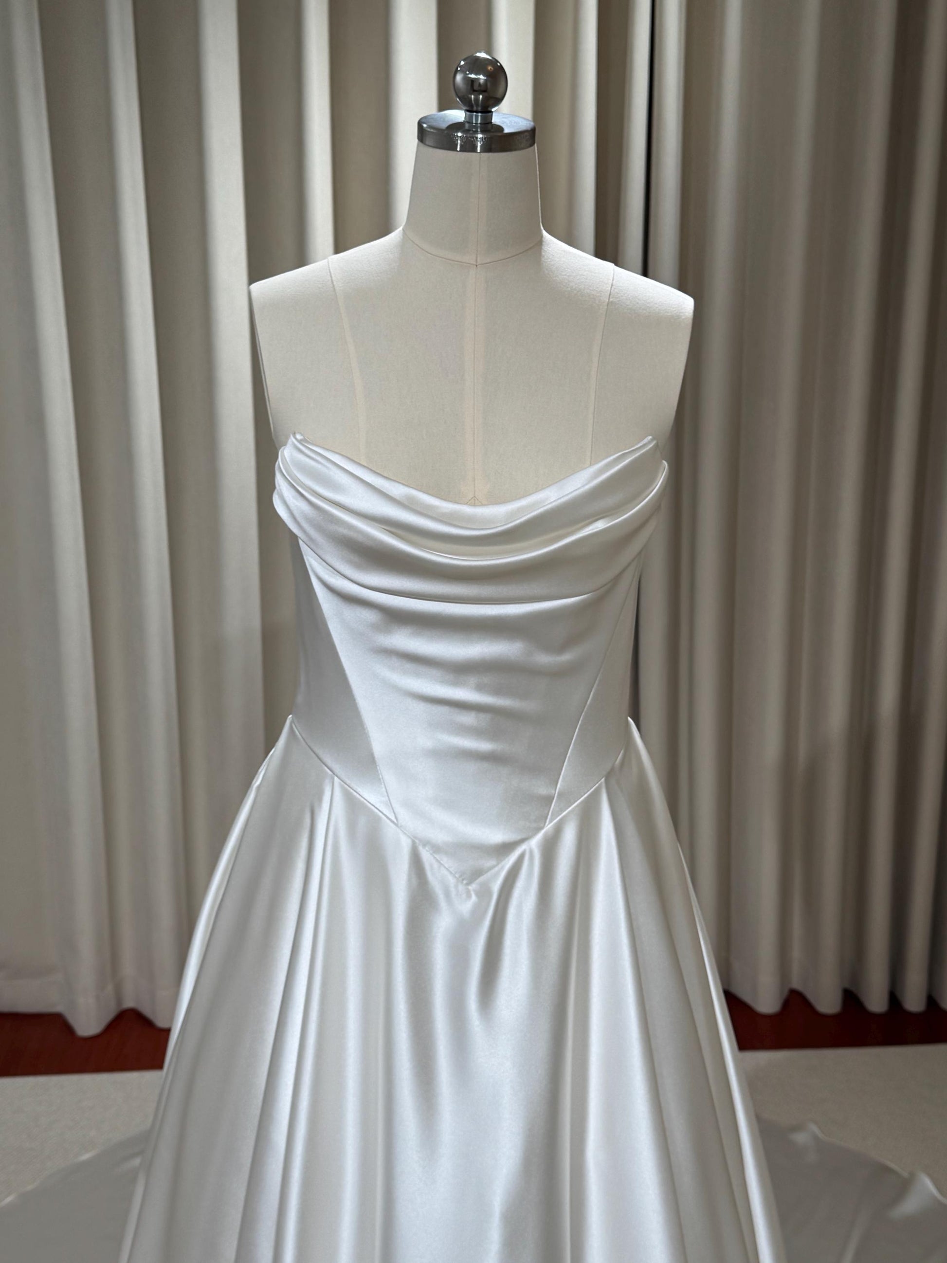 Minimalist Off Shoulder Satin Corset Basque Waist Wedding Dress, Custo Shindig Threads Minimalist Off Shoulder Satin Corset Basque Waist Wedding Dress, Custo Shindig Threads