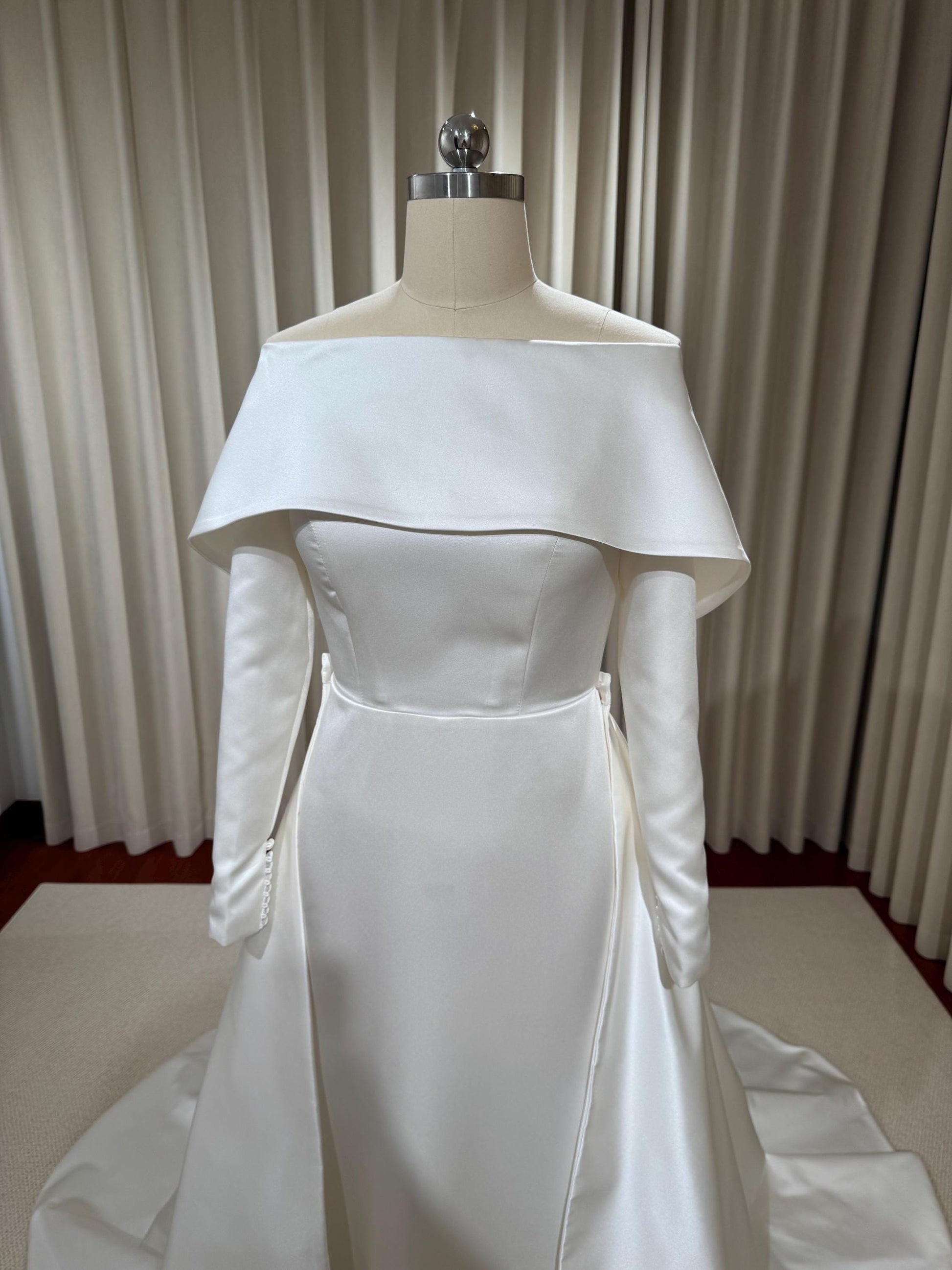 Minimalist Off Shoulder Long Sleeve Satin Wedding Dress with Detached – Shindig Threads Minimalist Off Shoulder Long Sleeve Satin Wedding Dress with Detached – Shindig Threads