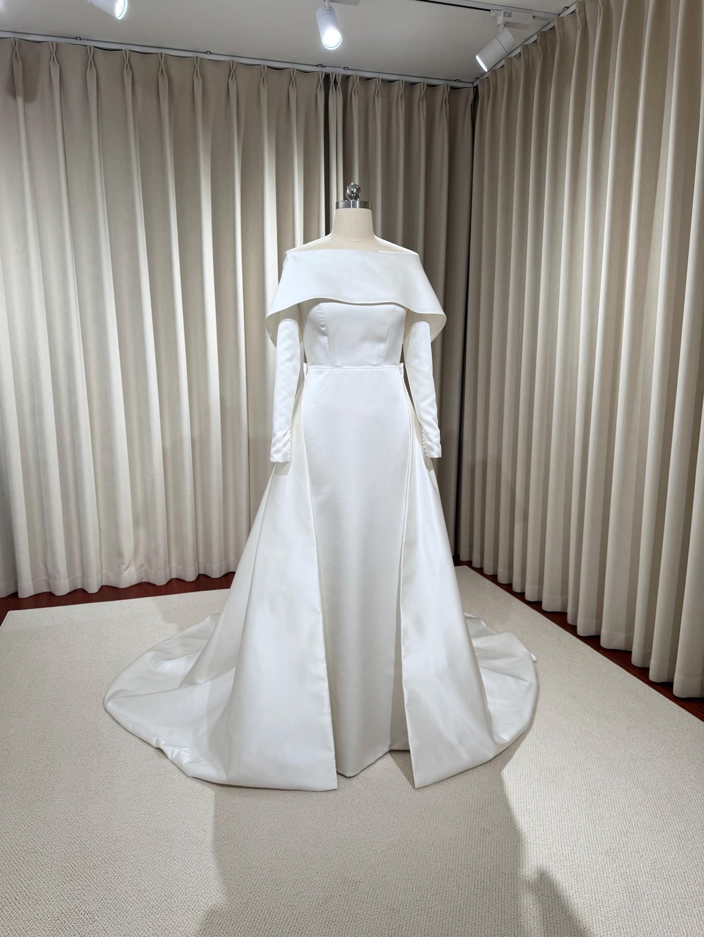 Minimalist Off Shoulder Long Sleeve Satin Wedding Dress with Detached Shindig Threads Minimalist Off Shoulder Long Sleeve Satin Wedding Dress with Detached Shindig Threads
