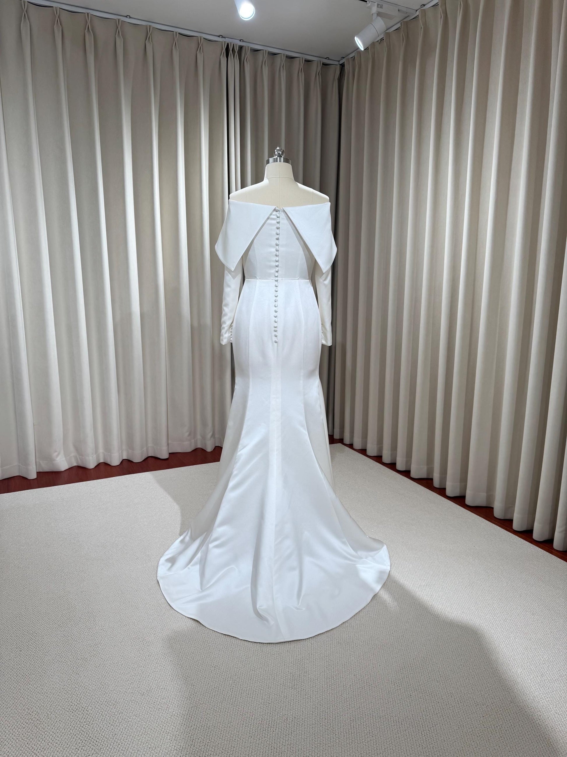 Minimalist Off Shoulder Long Sleeve Satin Wedding Dress with Detached Shindig Threads Minimalist Off Shoulder Long Sleeve Satin Wedding Dress with Detached Shindig Threads