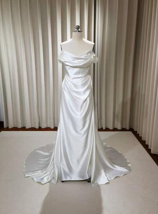 Minimalist Off Shoulder Satin Corset Wedding Bridal Dress, Custom Simple Modest Courthouse Civil Wedding Reception Elopement Gown
