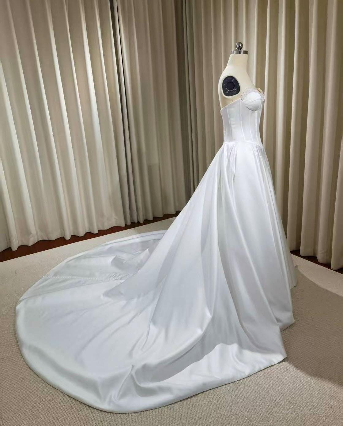 Minimalist drop waist satin corset wedding dress with pearls, custom simple & classic Ivory bridal ball gown