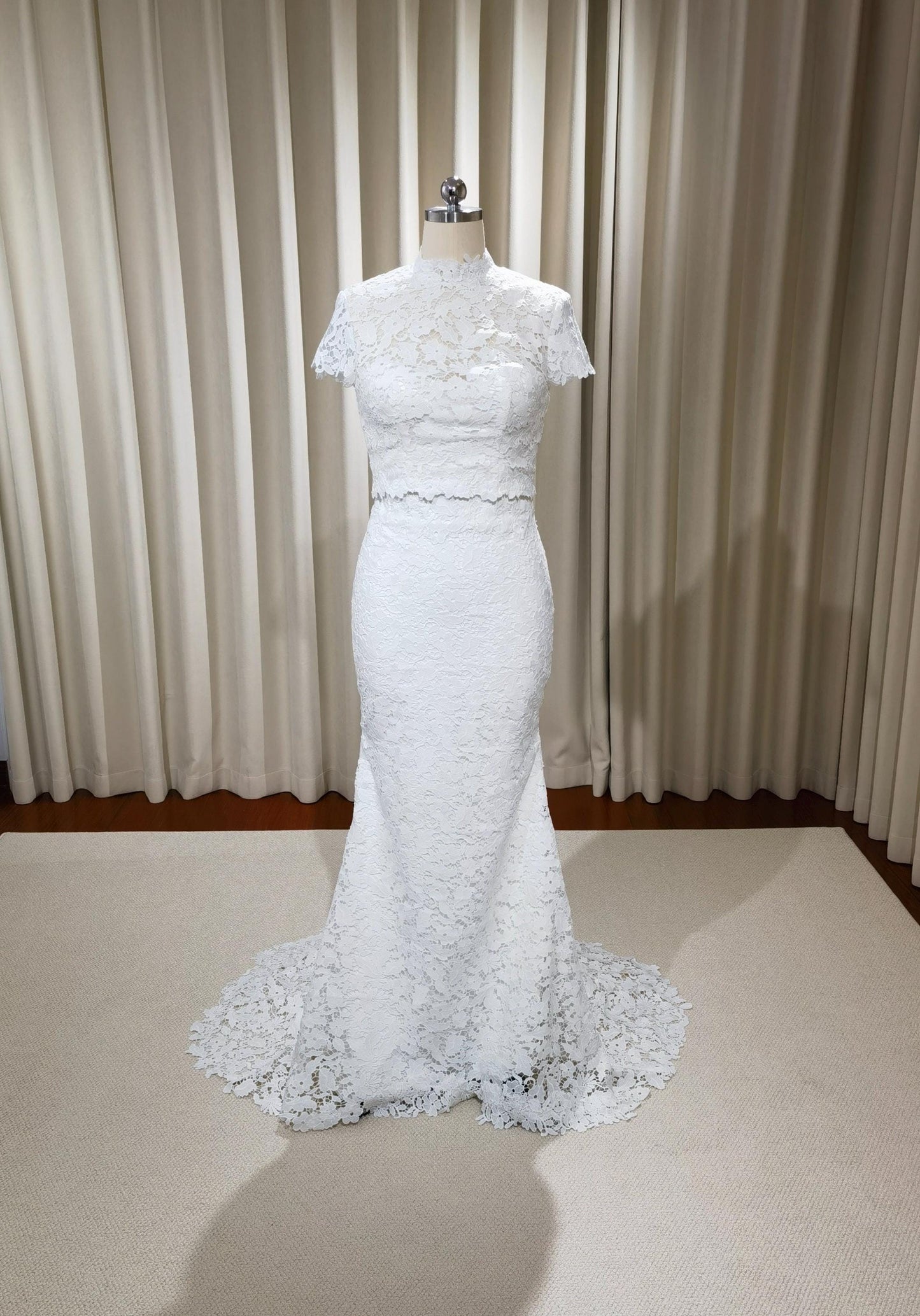 Two Piece Mock Neck Short Sleeve Lace Mermaid Wedding Dress, Unique Custom Reception Elopement Dress for Courthouse Civil Wedding