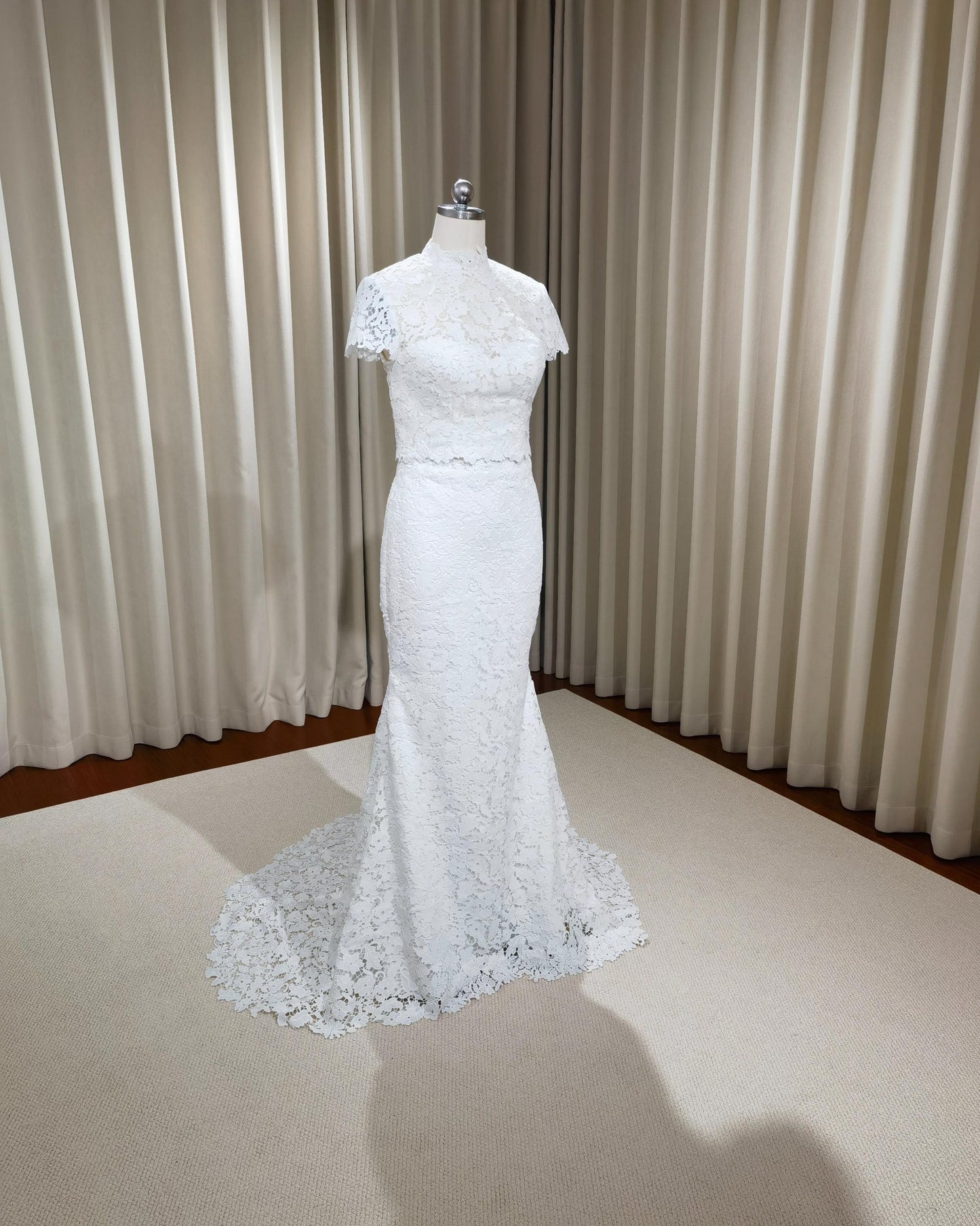 Two Piece Mock Neck Short Sleeve Lace Mermaid Wedding Dress, Unique Custom Reception Elopement Dress for Courthouse Civil Wedding
