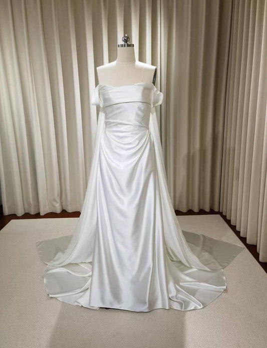 Minimalist Off Shoulder Satin Corset Wedding Dress w Cape, Custom Simple Elegant Bridal Gown Classic French Style, Courthouse Civil Wedding