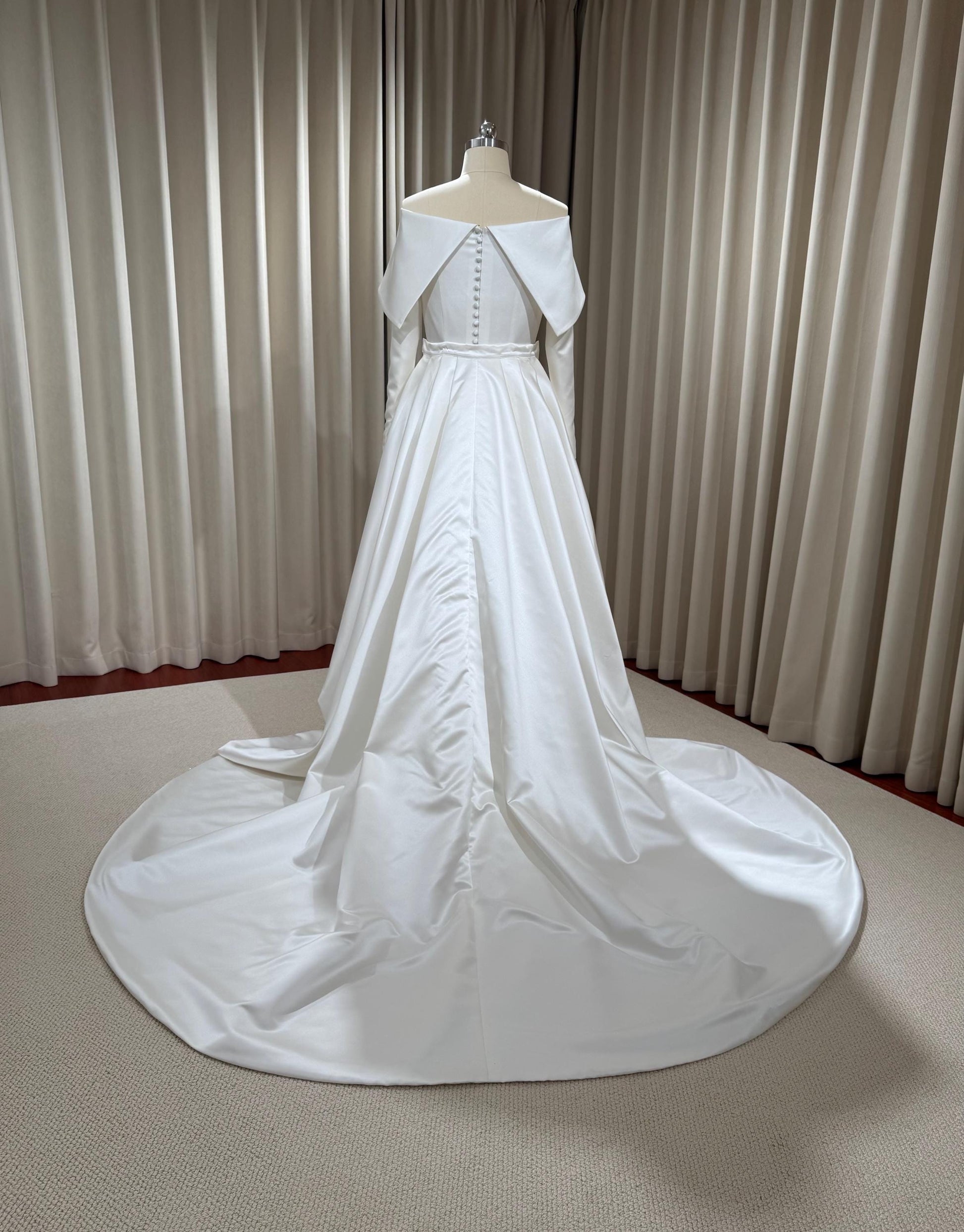 Minimalist Off Shoulder Long Sleeve Satin Wedding Dress with Detached Shindig Threads Minimalist Off Shoulder Long Sleeve Satin Wedding Dress with Detached Shindig Threads