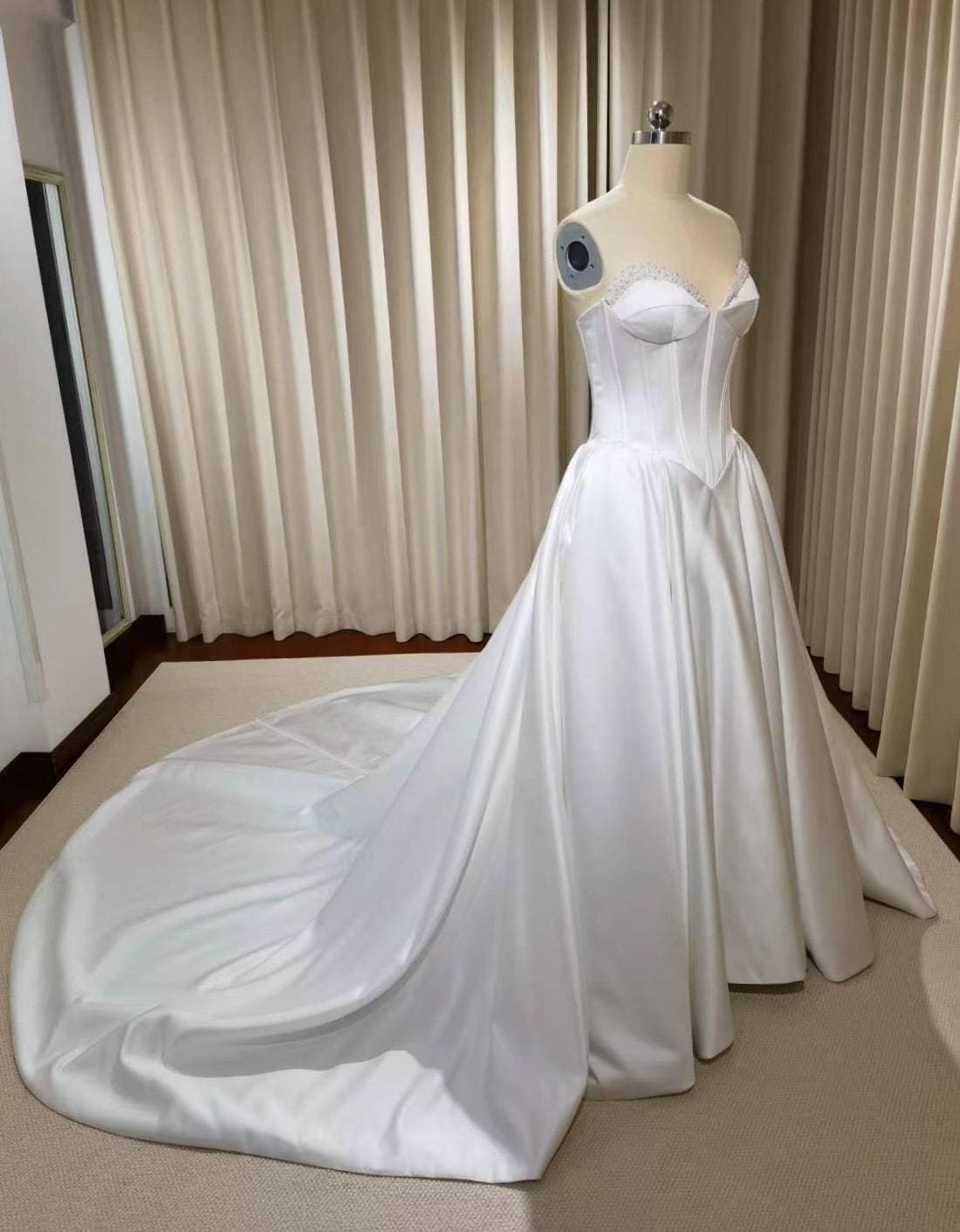 Minimalist drop waist satin corset wedding dress with pearls, custom simple & classic Ivory bridal ball gown