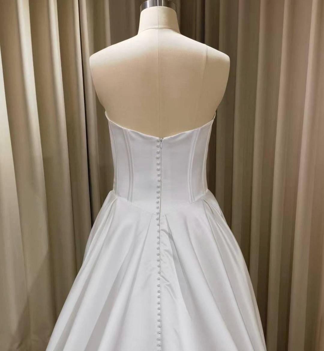 Minimalist drop waist satin corset wedding dress with pearls, custom simple & classic Ivory bridal ball gown