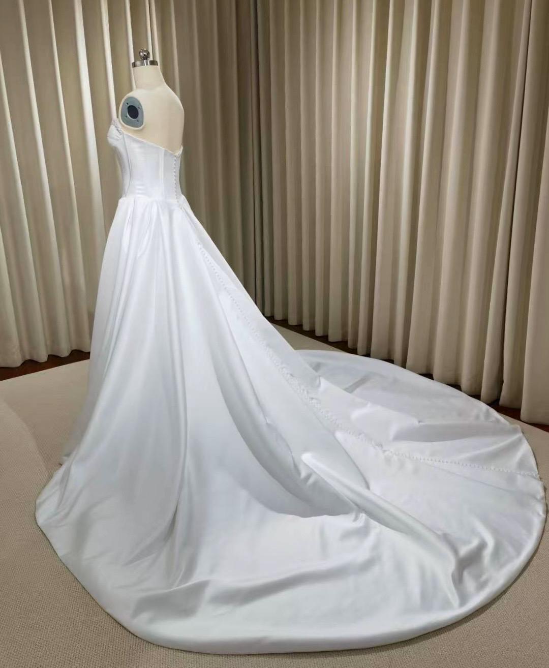 Minimalist drop waist satin corset wedding dress with pearls, custom simple & classic Ivory bridal ball gown