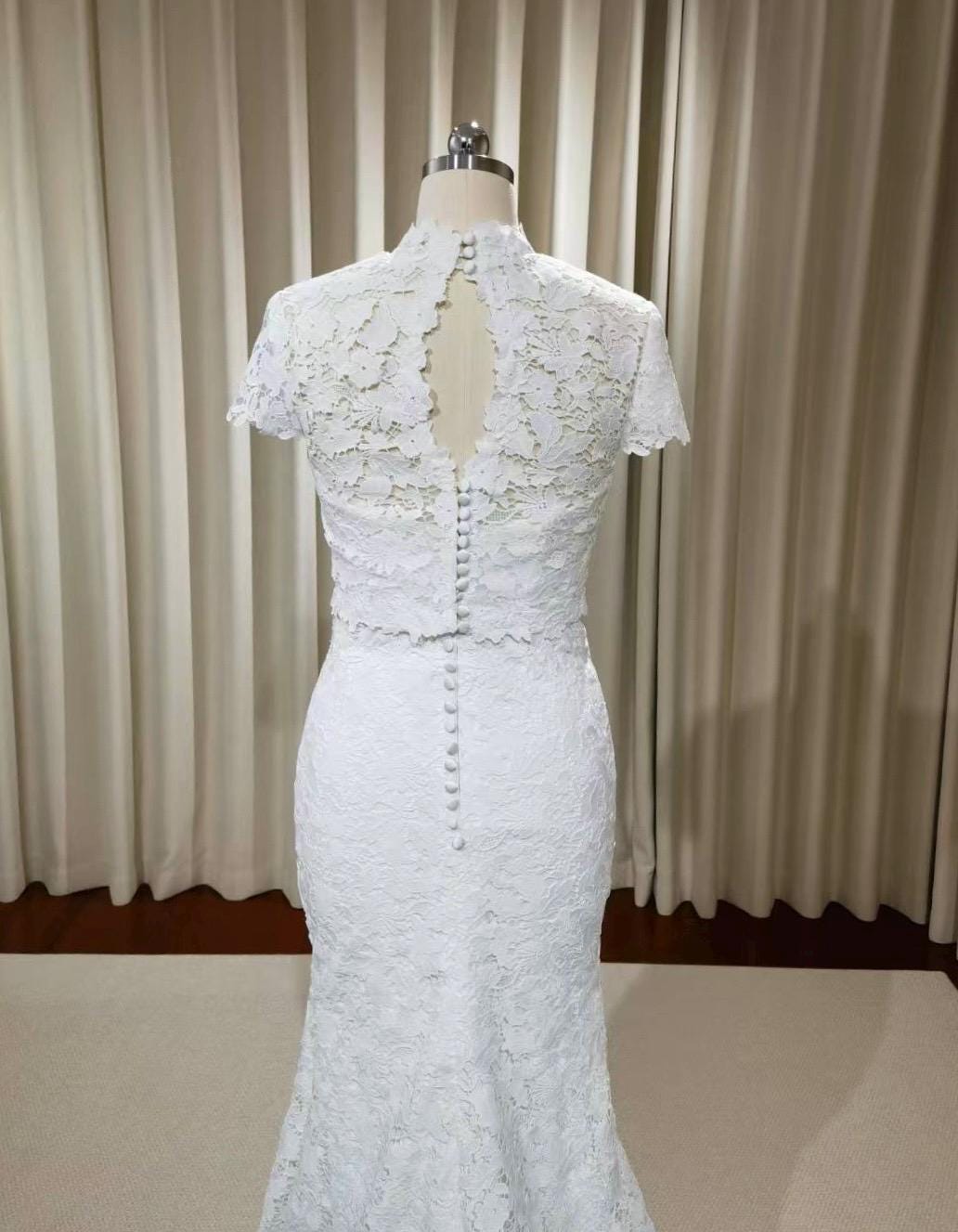 Two Piece Mock Neck Short Sleeve Lace Mermaid Wedding Dress, Unique Custom Reception Elopement Dress for Courthouse Civil Wedding