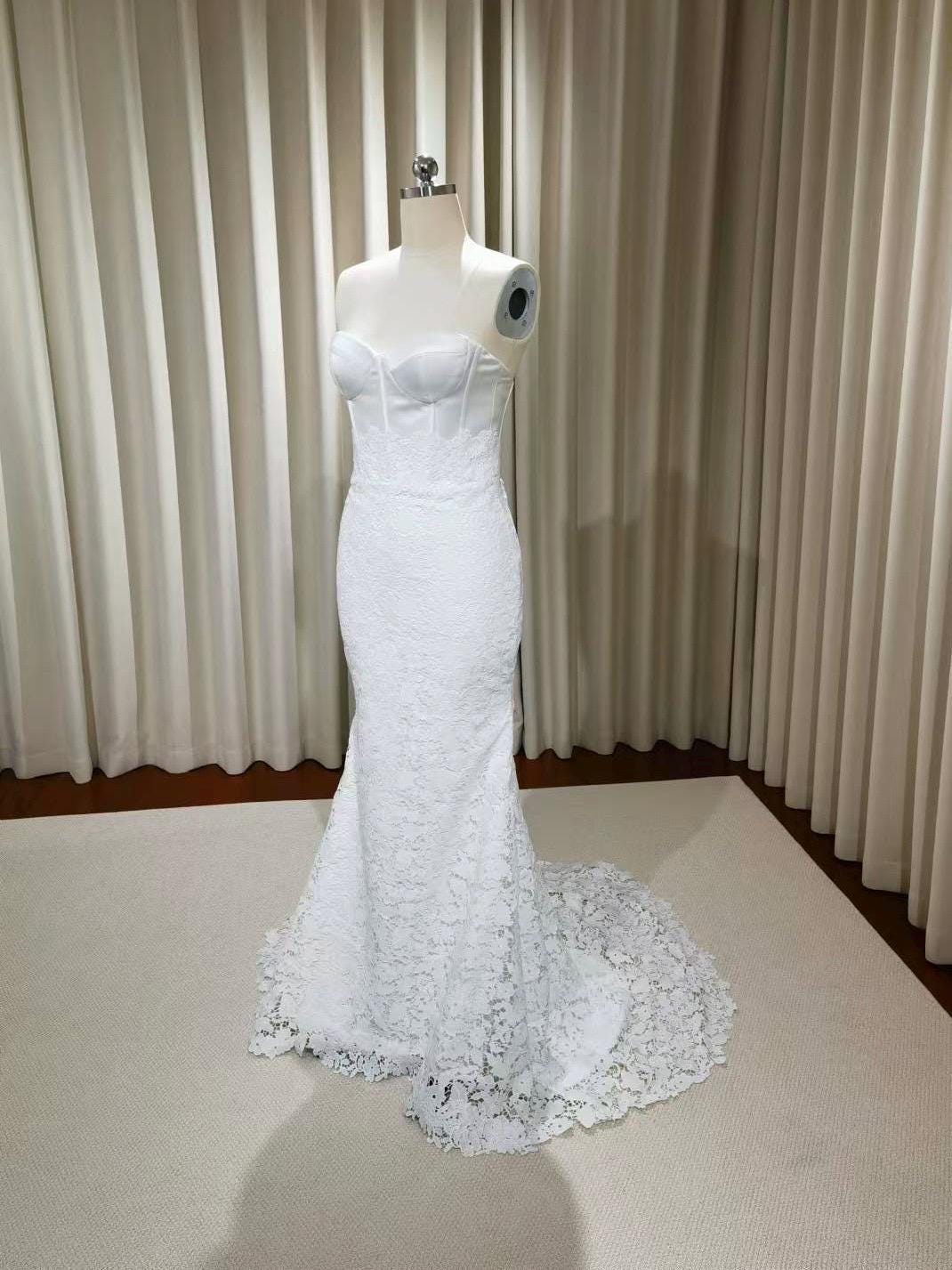 Two Piece Mock Neck Short Sleeve Lace Mermaid Wedding Dress, Unique Custom Reception Elopement Dress for Courthouse Civil Wedding