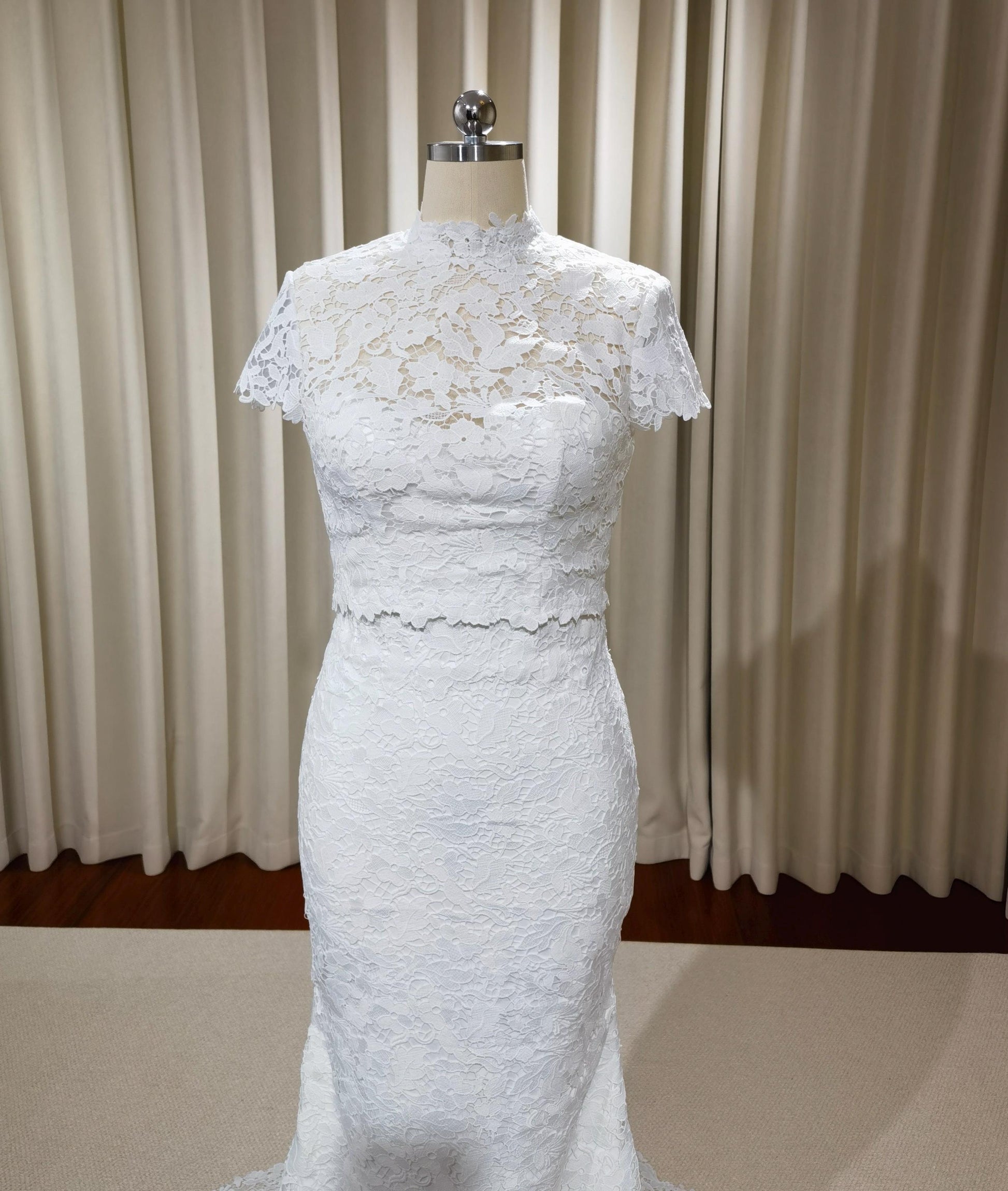 Two Piece Mock Neck Short Sleeve Lace Mermaid Wedding Dress, Unique Custom Reception Elopement Dress for Courthouse Civil Wedding