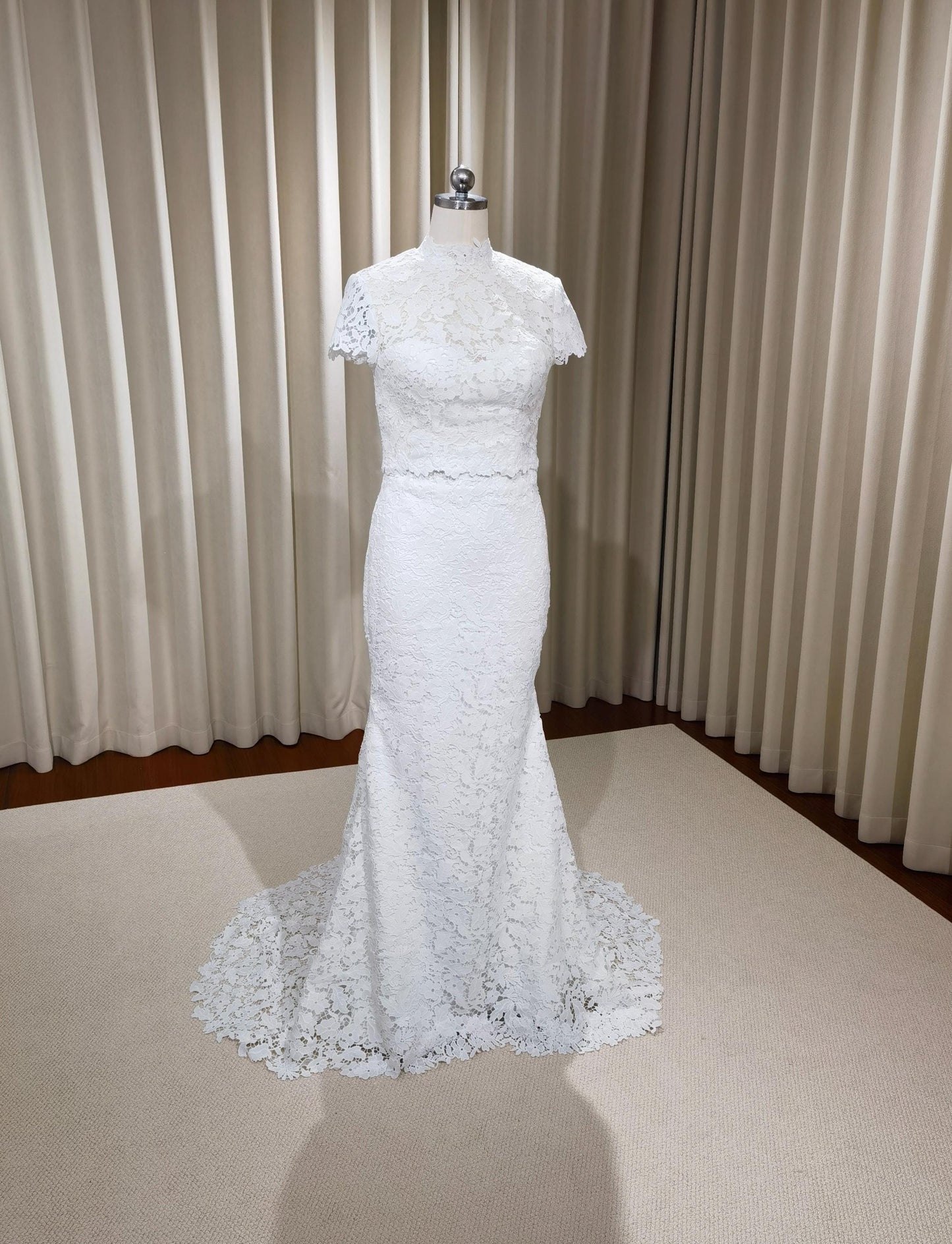 Two Piece Mock Neck Short Sleeve Lace Mermaid Wedding Dress, Unique Custom Reception Elopement Dress for Courthouse Civil Wedding