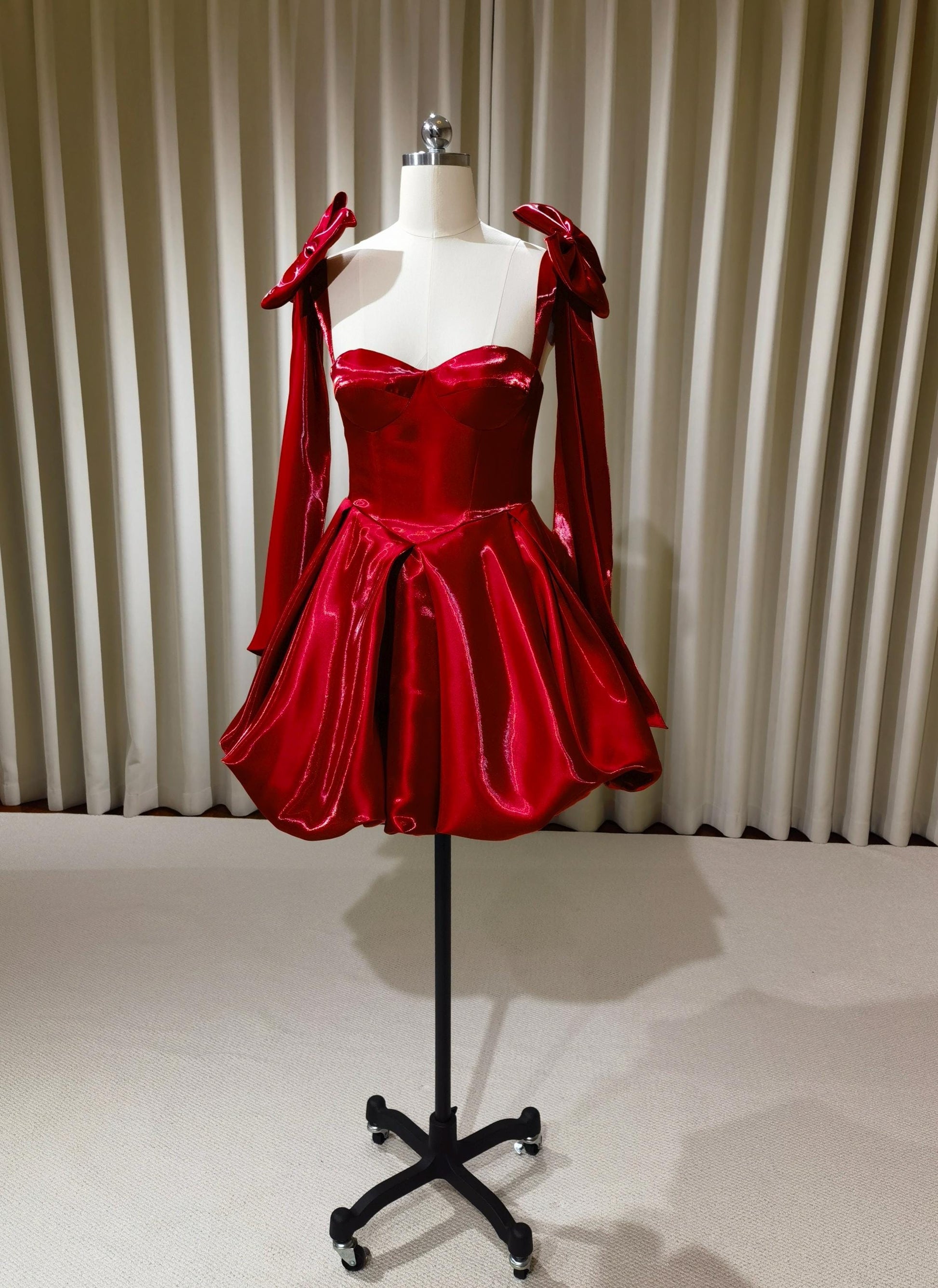 red satin dress short Off The Shoulder Homecoming Red / 12 Elevate your style with the dress Lucy Red satin puff sleeve short