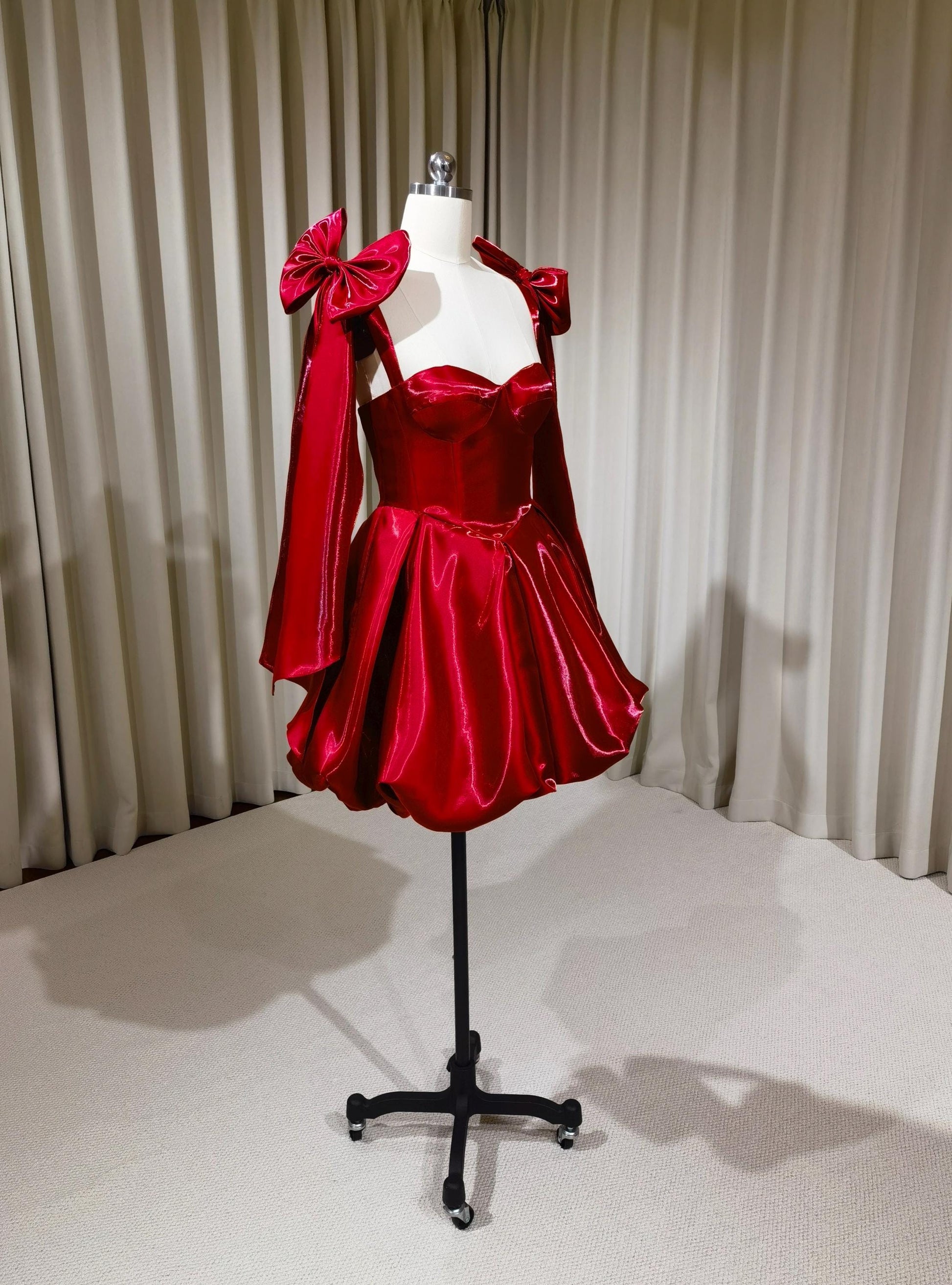 Ruby | Minimalist red liquid satin short wedding prom dress, Rehearsal Shindig Threads Ruby | Minimalist red liquid satin short wedding prom dress, Rehearsal Shindig Threads