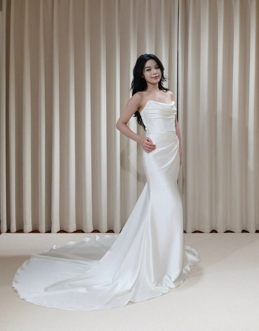 Kimberly | Minimalist Satin Corset Mermaid Wedding Dress, Custom Simple Unique Modest Reception Gown for Courthouse Civil Elopement Wedding