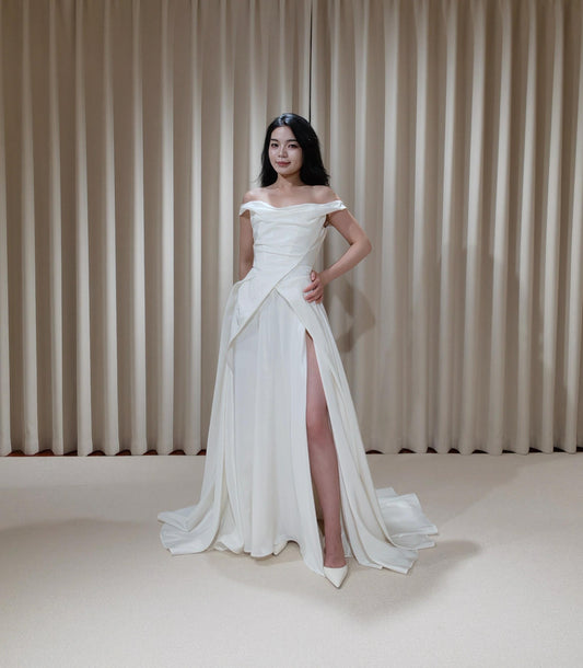 Jordan | Off the Shoulder Taffeta Wedding Dress with a Slit, Custom Modest Courthouse Civil Wedding Princess Ball Gown