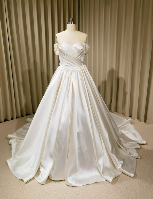 Ida | Minimalist Off Shoulder Satin Corset Basque Waist Wedding Ballgown, Custom Simple Elegant Classic Dress for Courthouse Civil Weddings