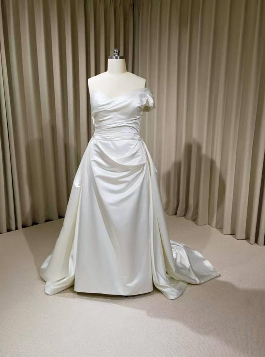 Barbora | Minimalist Off Shoulder Satin Corset Wedding Dress, Custom Simple Elegant Bridal Gown Classic Style, Courthouse Civil Wedding