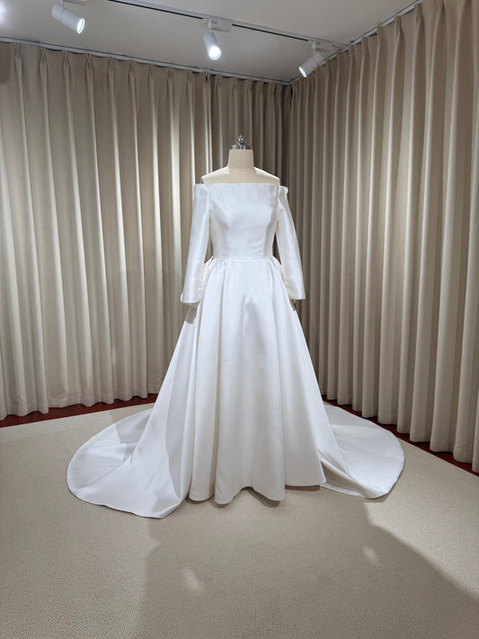 Jasmin | Off the shoulder long sleeve satin wedding ballgown, custom minimalist simple modest courthouse civil wedding dress