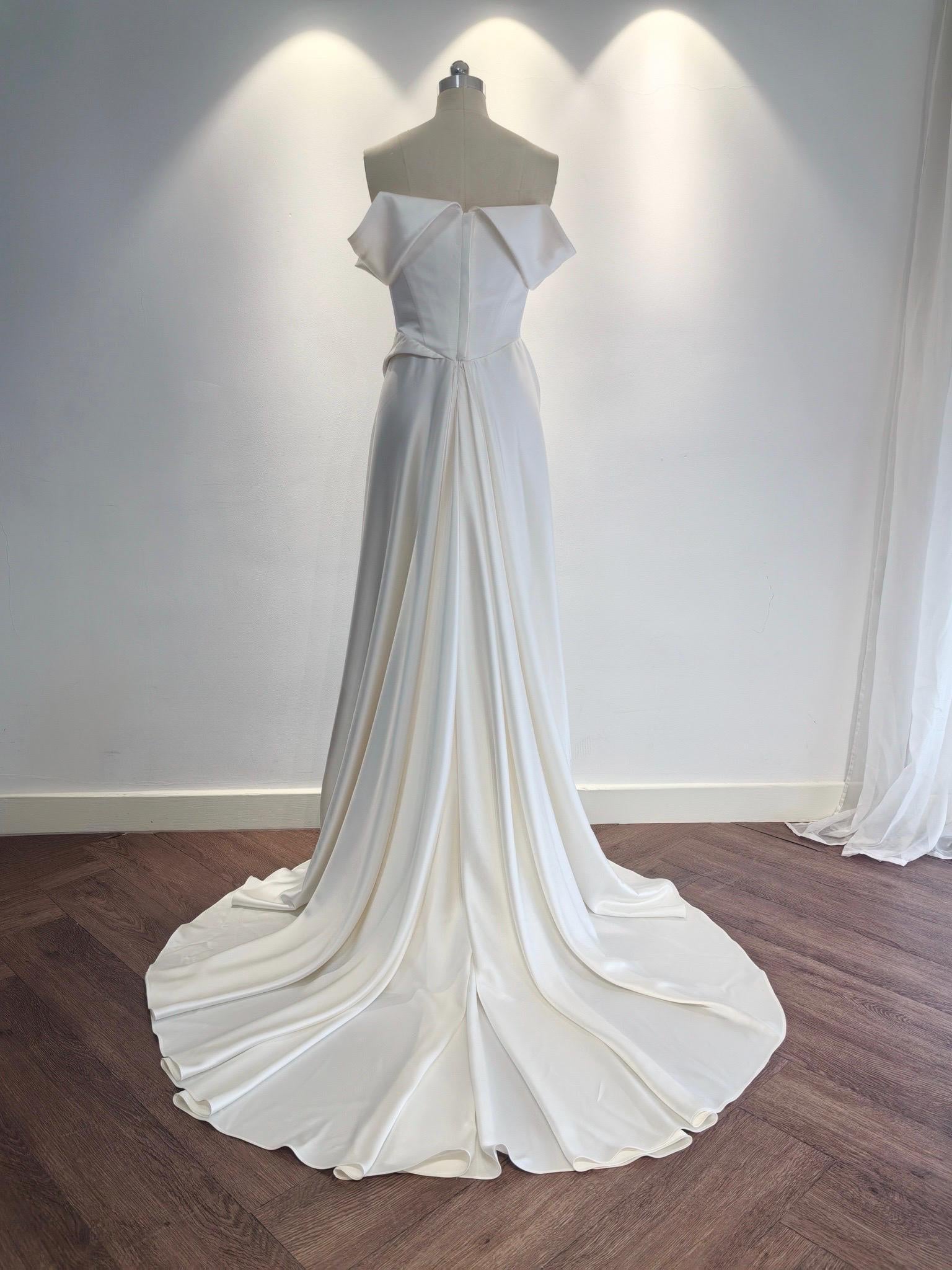 Minimalist Off Shoulder Satin Corset Wedding Dress with Slit | Luna