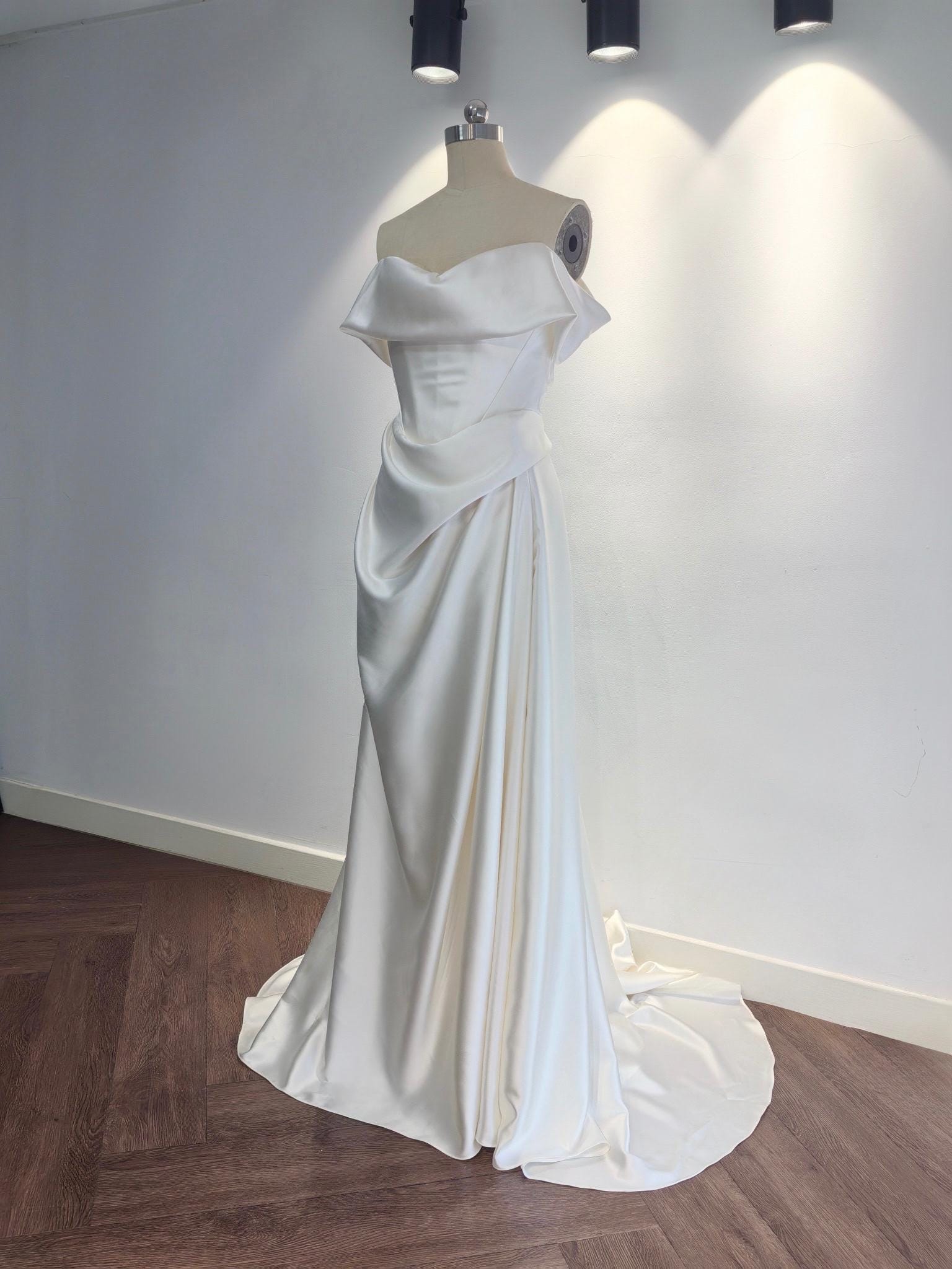 Minimalist Off Shoulder Satin Corset Wedding Dress with Slit | Luna