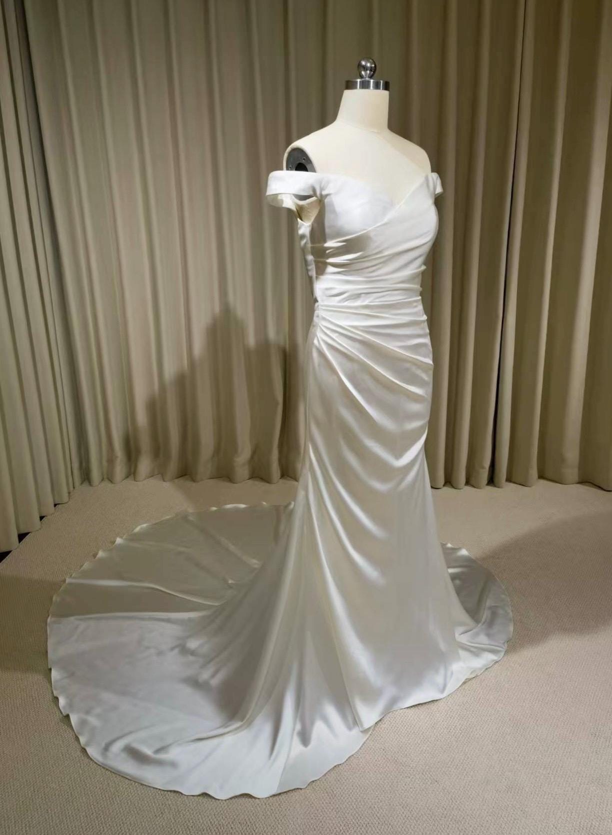 Minimalist Off Shoulder Satin Corset Mermaid Wedding Dress | Michaela