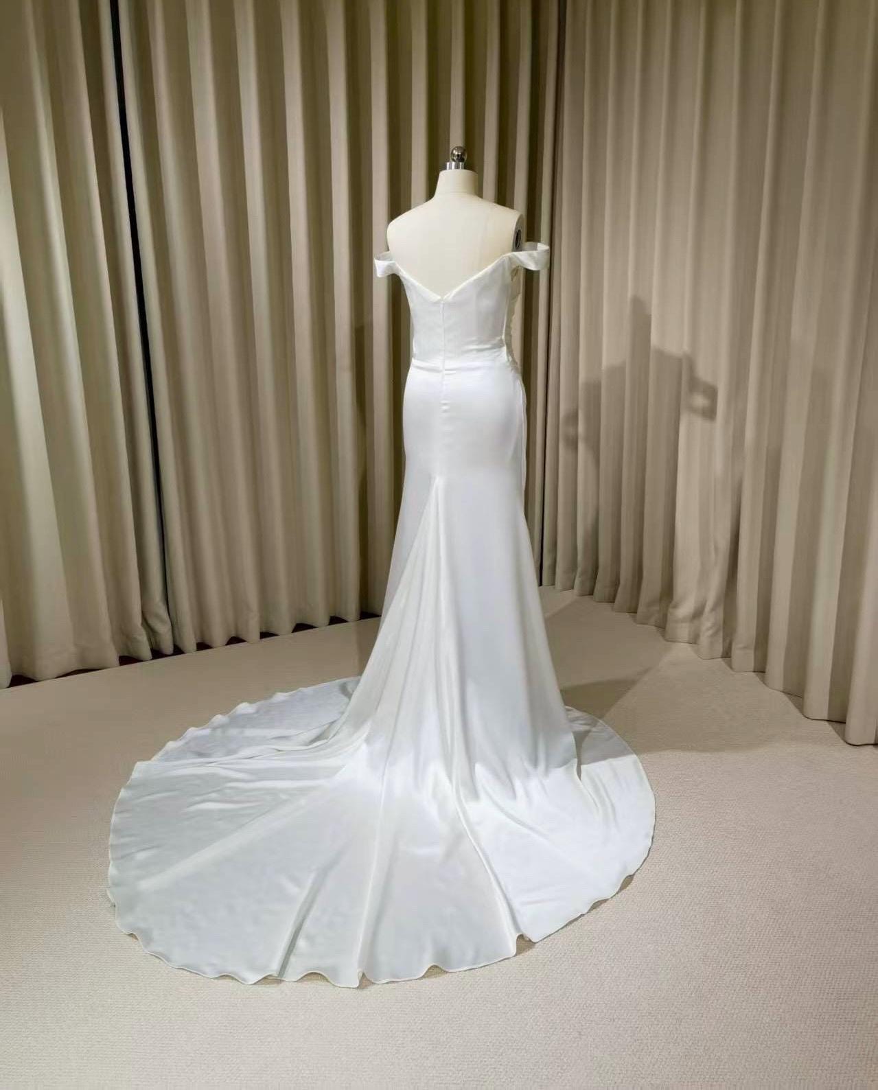 Minimalist Off Shoulder Satin Corset Mermaid Wedding Dress | Michaela