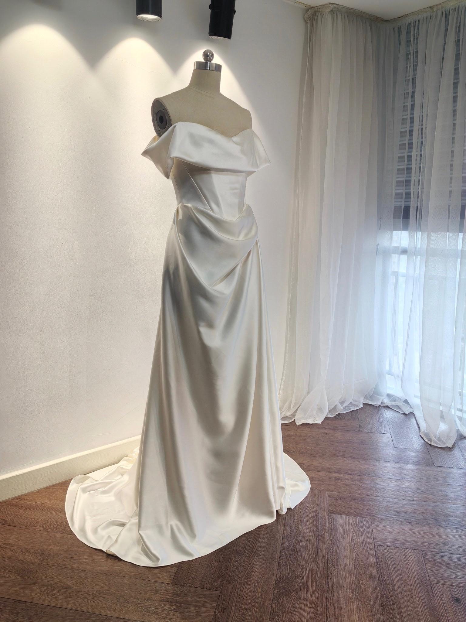 Minimalist Off Shoulder Satin Corset Wedding Dress with Slit | Luna