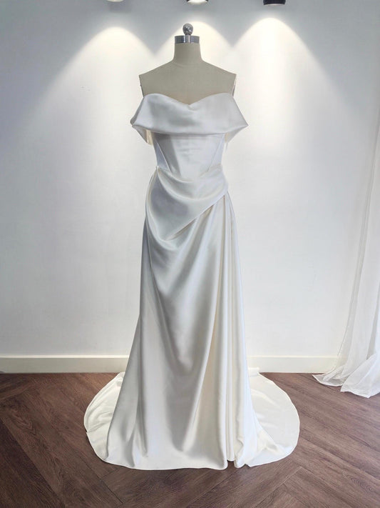 Minimalist Off Shoulder Satin Corset Wedding Dress with Slit | Luna