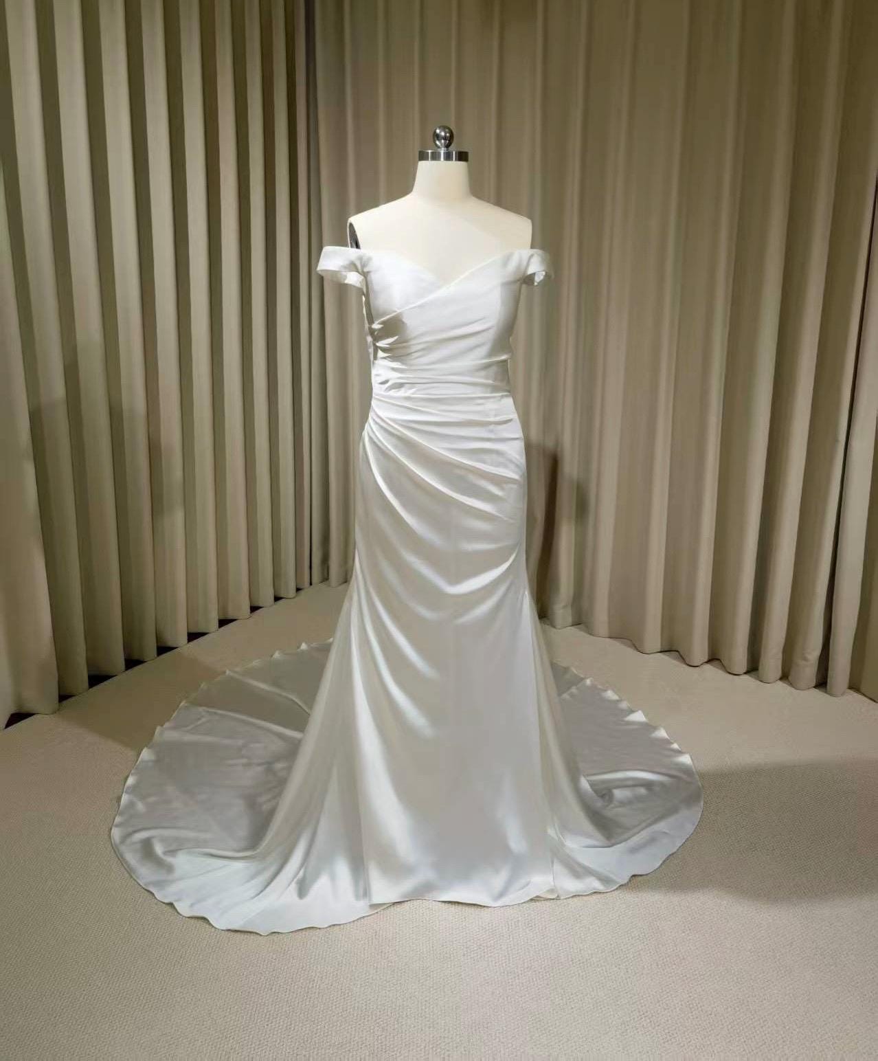 Minimalist Off Shoulder Satin Corset Mermaid Wedding Dress | Michaela