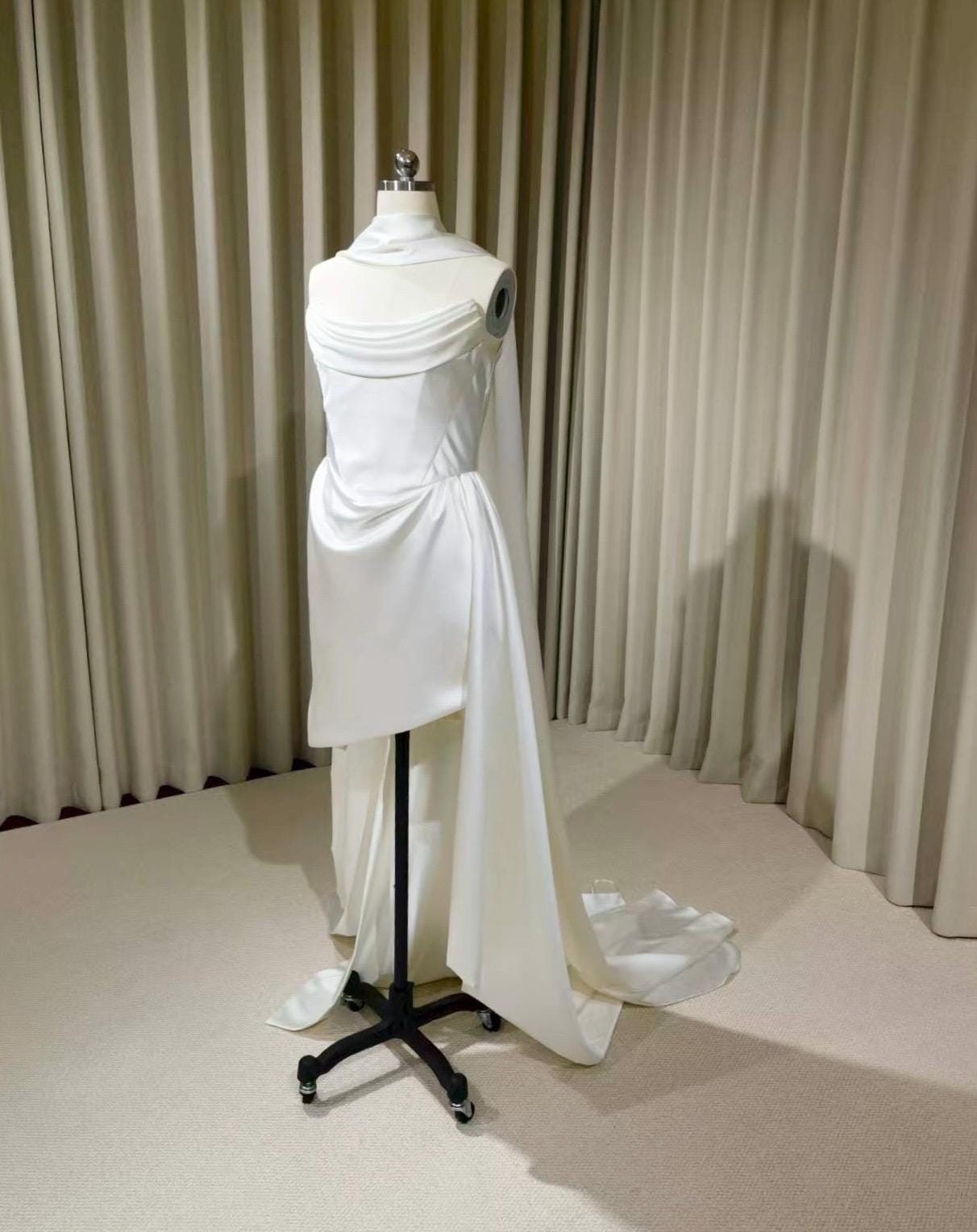Minimalist Satin Corset High Low Wedding Dress with Scarf | Nour