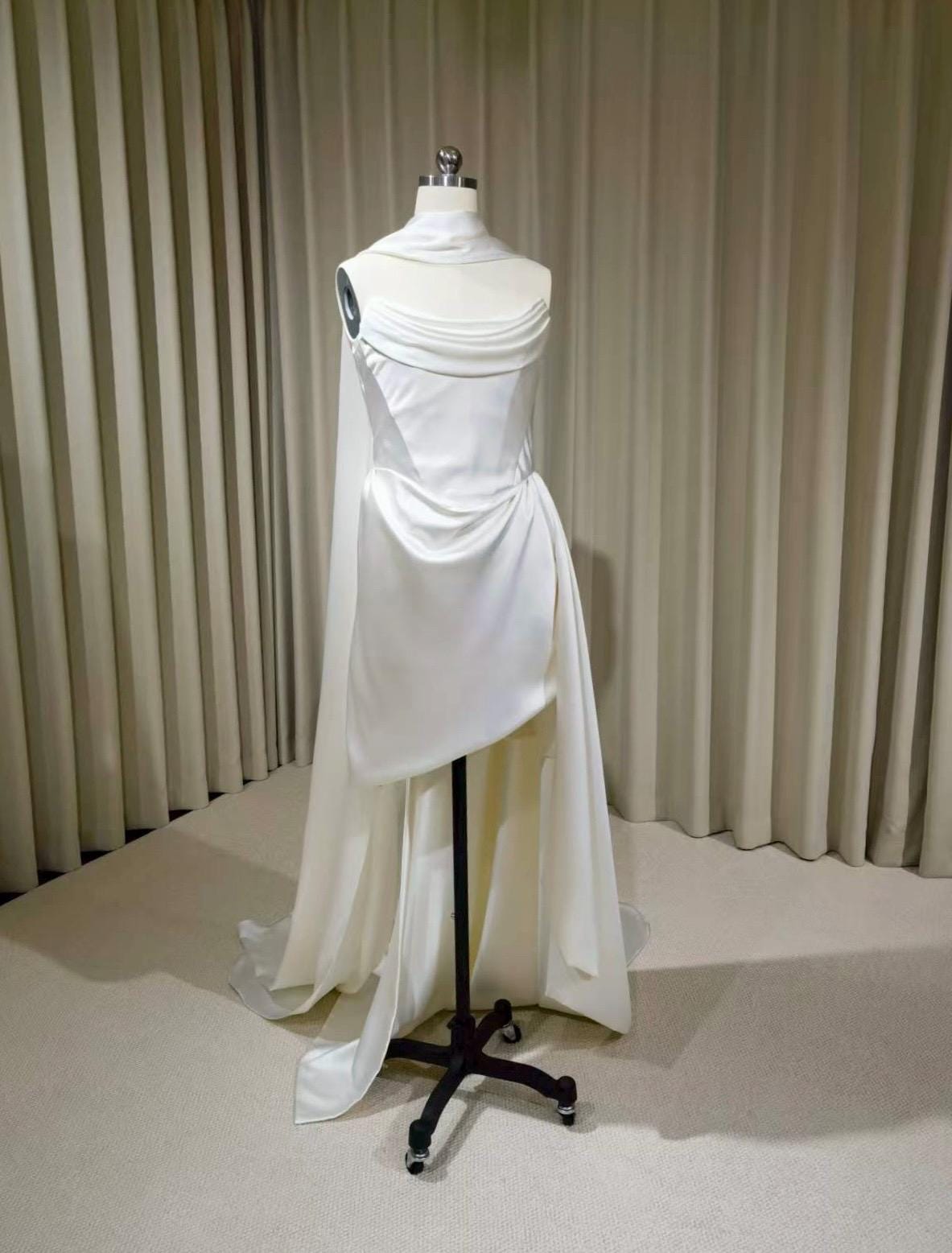 Minimalist Satin Corset High Low Wedding Dress with Scarf | Nour